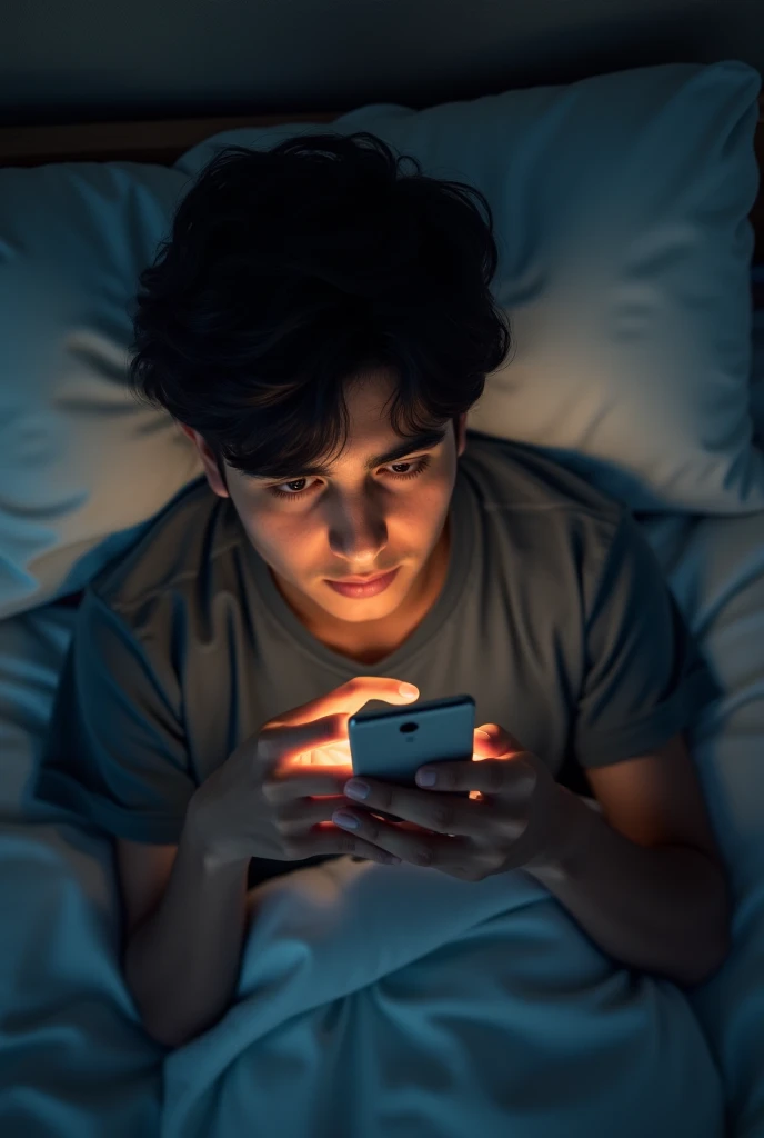 In an overhead angle a Persian teenage boy lying in the bed and using his phone