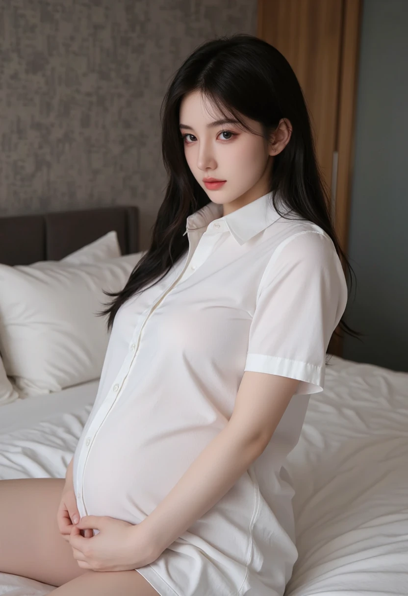 ((Best quality, 8k, Masterpiece :1.3)), Whole body, Sharp focus :1.2, A beautiful heavily pregnant 20-years old slender Asian bride walking down the aisle on her wedding, wearing a tight collared pink polo shirt with seven buttons buttoned up and a red skirt, gigantic breasts, bulging huge breasts and bulging pregnant belly, transparent bridal veil, flowers in hair. bra outline visible, prominent poking nipples under the shirt, (wedding, aisle, silk stockings), Highly detailed face and skin texture, Detailed eyes, Double eyelid, woman is weeping with tears on her face