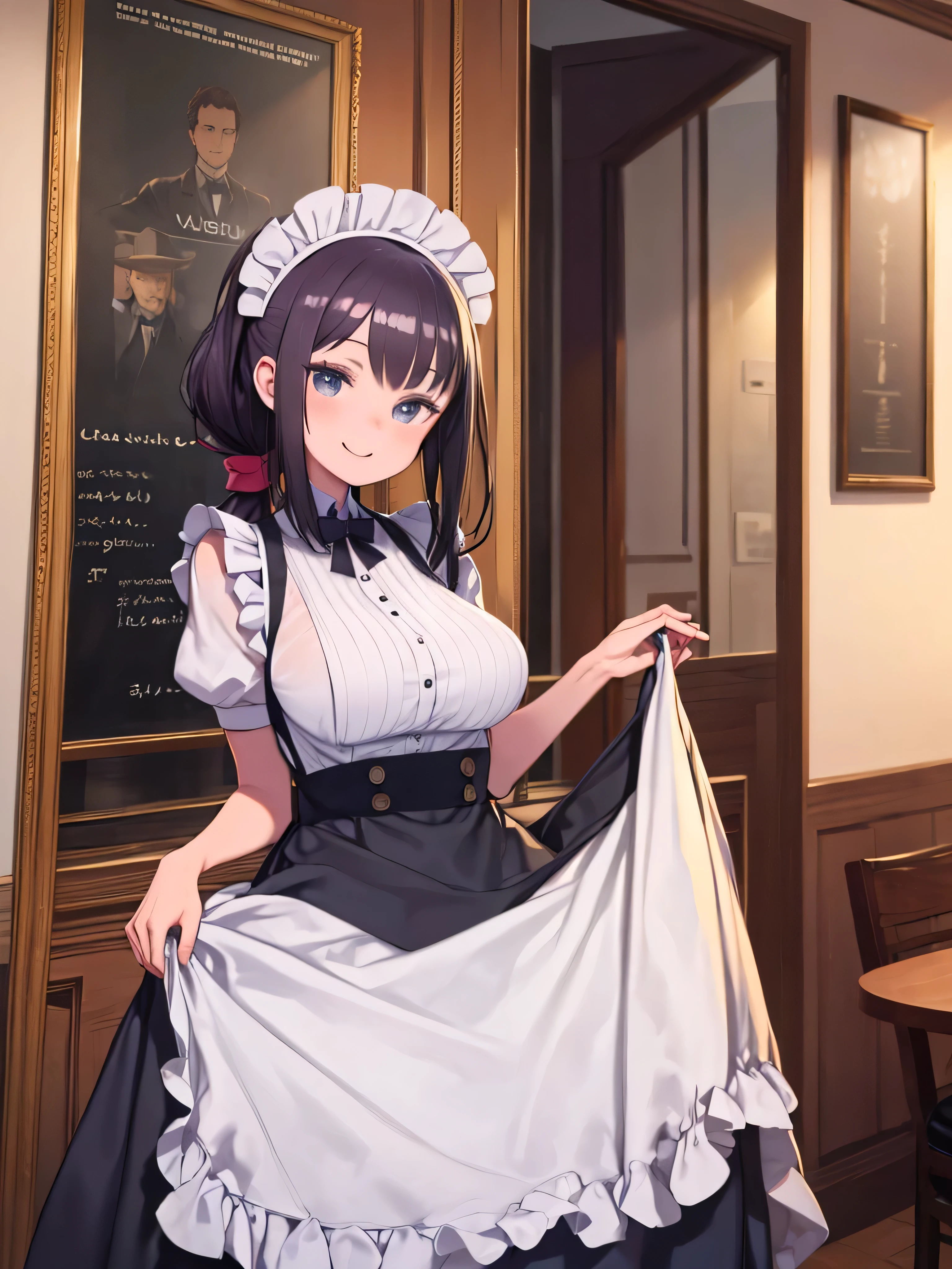highest quality, Ultra-high resolution, (Realistic:1.4), One girl, Button-down shirt,, Dark brown hair, Big breasts, (Blonde Hair:1.2), View Viewer, (Highly detailed face:1.1),, (Purelos Face_v1:0.8),Tick tock, Ruffled Apron Dress、Corset-style dress、A skirt with multiple ribbons hanging down、Blouse with wide cuffs、Ruffles at cuffs、Headdress、Voluptuous body、