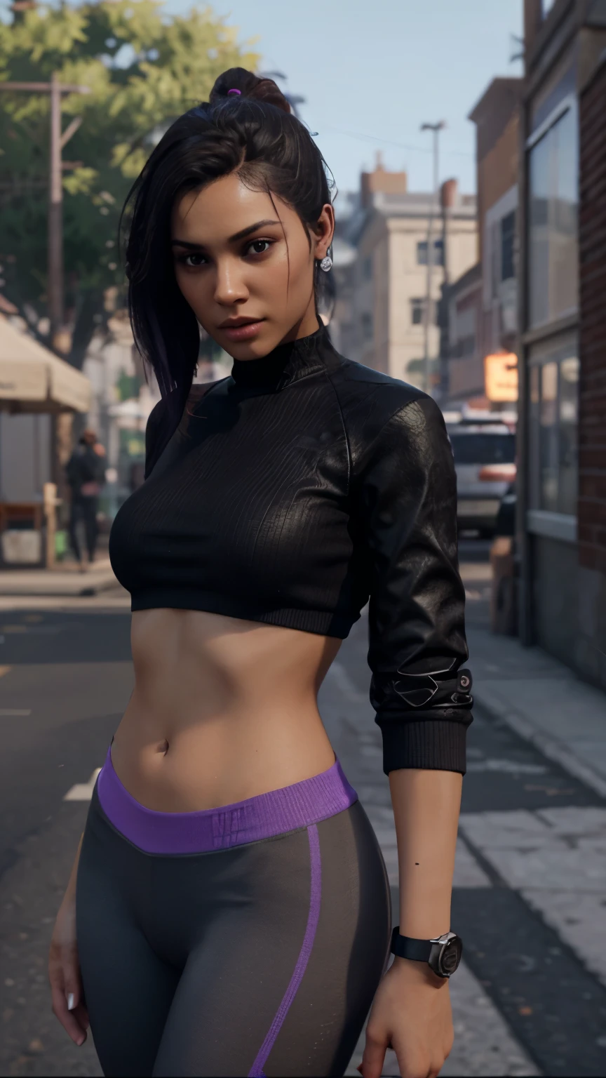 masterpiece, best quality, 1girl, alyxvance, solo, dark skin, brown hair, fingerless gloves, hoodie, jacket, (purple panties:1.3), headband, post-apocalyptic, devasted city in background <lora:Alyxv2:1>