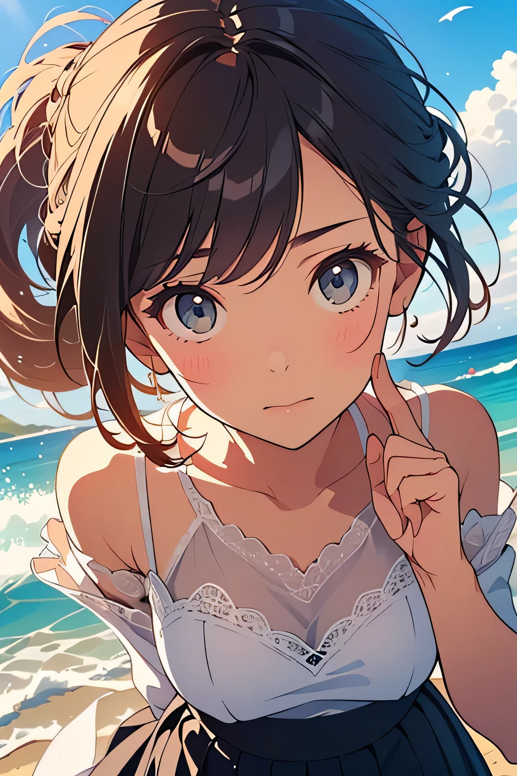 (((girl kawaii))), (a Very delicate and beautiful girl), ((Ultra-fine illustrations)), (Very delicate and beautiful), charactera girl, Please raise your hand, Wet, girl, teenage girl, Flowing Hair, (High Ponytail), (Long dark brown hair), Beautiful and fine hair, Very beautiful and detailed anime faces and eyes, (smile), Intricate details、Beautiful and delicate eyes, Bright Eyes, Open your mouth, Cleavage, Pale blue eyes, White skin, Frills, Hair Ribbon, Earrings, Gemstone Necklace, bracelet, (White Bikini), cardigan, Wet clothes, Open Court, White clothes, (Beach), (blue sky), sunlight, Backlight, Highly detailed light, ((Absurd)), (((wallpaper 8k CG))), masterpiece,