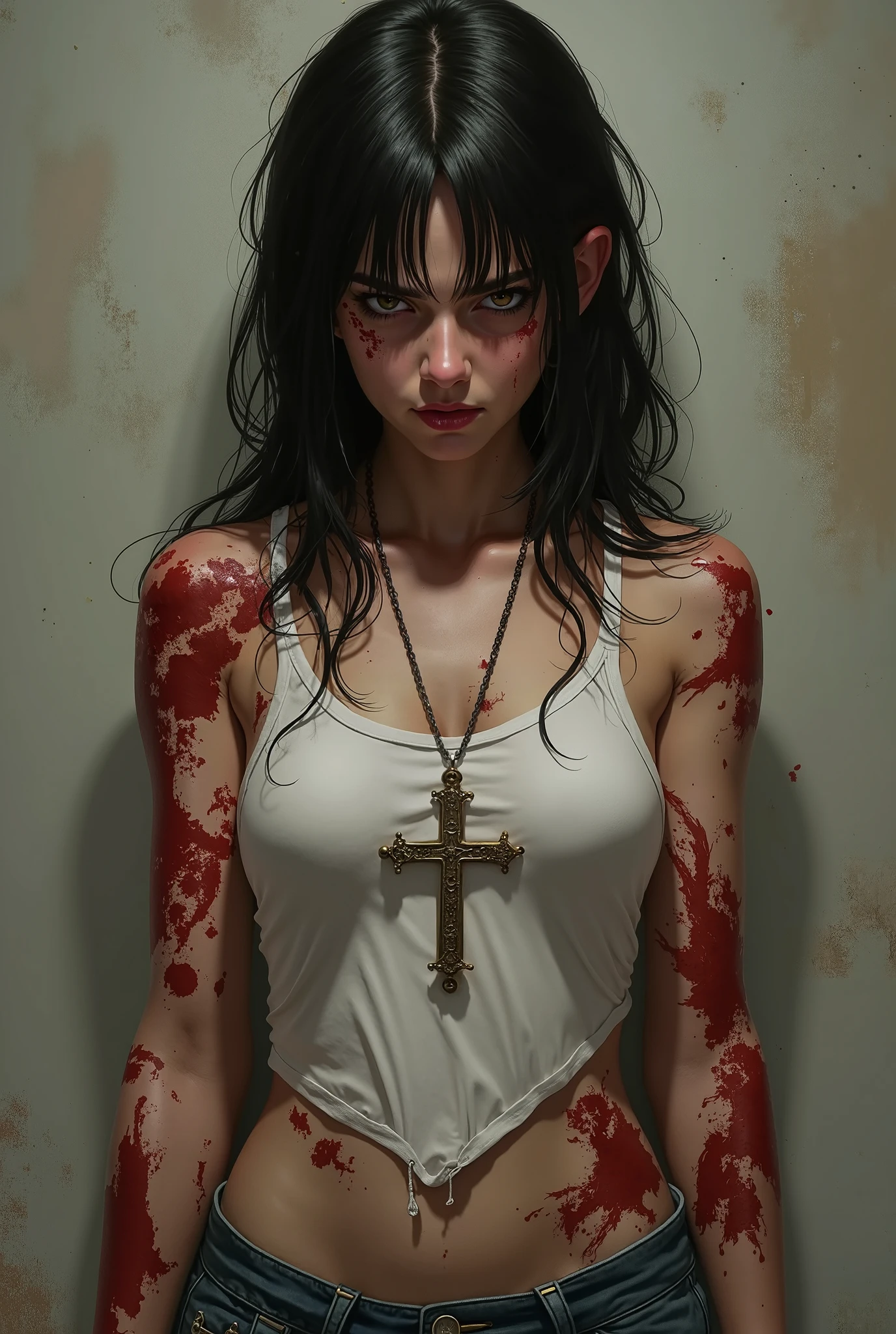 1 girl, realisitic, Raw photo, japanaese girl, (fullnude:1.9), (Beautiful and cute face:1.4), 18year old, bobhair, Black hair, (Crucifixion to a burning cross engulfed in flames:1.8), (Tied to a cross with barbed wire:1.5), not any dressed、(Spraying water on the girl's body from a fire hose:1.6)、Massive amounts of white smoke and water vapor