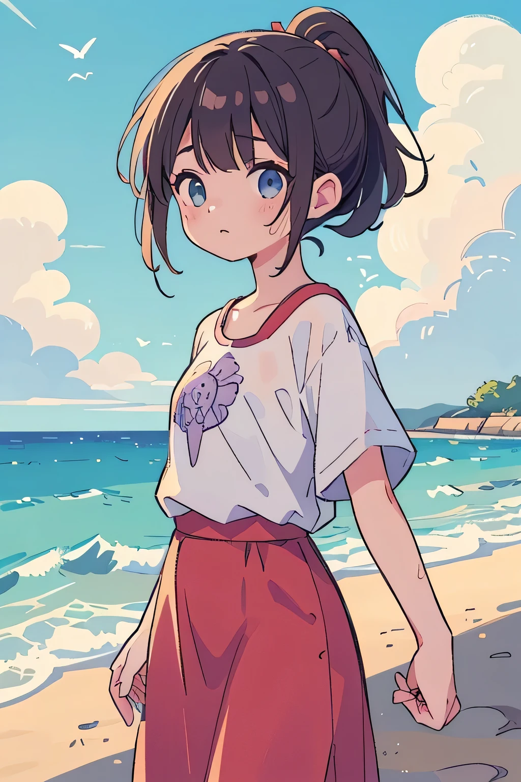 (8k),(masterpiece),(Japanese),(8 Year Old),((Innocent look)),((Childish)),Front and from above,smile,cute,Innocent,Kind eyes、School Swimsuit、(Carrying a red backpack),semi-long,Hair blowing in the wind,Black Hair,Somewhat strong wind,noon,bright、