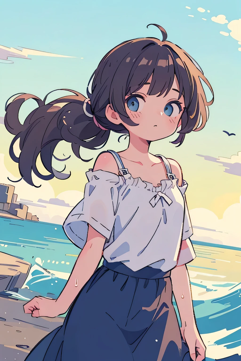 best quality 、 high resolution、( HD:1.2)、masterpiece、 detailed background、( beautiful face down to the smallest detail:1.4)、 detailed face、 detailed expressions 、( detailed eyes:1.2)、 anatomically correct、(Draw the usual number of fingers:1.4)、 beautiful woman in her 20s 、( big size:1.3)、 perfect body line、 creates a unique mood and emotion 、 under a cloudy sky 、A cold wind blows 、 there is silence around 、 A moment unfolds as if time has stopped 、
( Wear natural wavy hair in the wind or unobtrusively put it together in a low ponytail :1.5)、(Draw the usual number of fingers:1.4)、
Simple and soft impression style that enhances her inner world while being in harmony with nature {x} listens to the sound of waves without showing emotion while tracing small seashells in her hand with her fingers while remembering distant memories、 long skirt 々As if depicting the ephemerality of 、 Gentle waves wet the sandy beach and hang the hair on the shoulders Woman looking at the horizon while swaying in the wind 、Make your natural wavy hair flutter in the wind、 gentle and elegant style 、 Very Beautiful