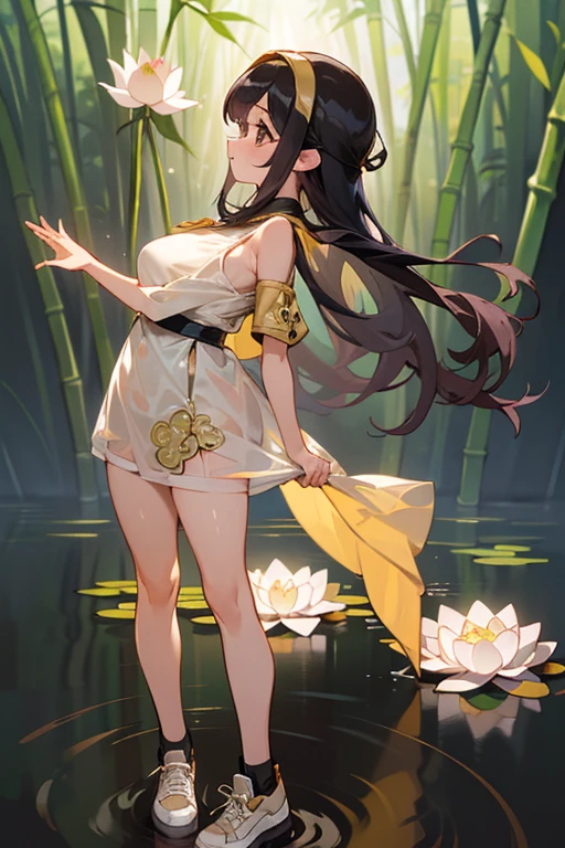 (masterpiece), (highest quality), (realistic), ((beautiful payback maiden with ultra-long hair with Chinese style black hair and a thin beautiful feather robe in a lotus pond shining in the moonlight)), (looking down at the viewer with dim eyes), (Large hair ornament in the shape of a Chinese lotus flower)), 18 years old, depressed eyes, photorealistic, (((ideal hair luster)), full body, (( ( Playing a sarcophore about the size of his body))