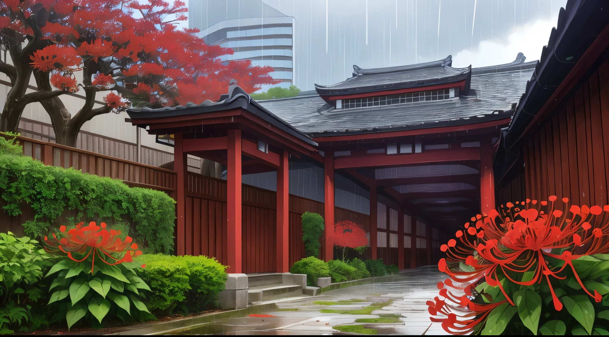 (Rainy sky) (Raindrops Falling) (Afternoon) (Grey Sky)
(80’s Anime) (Classic) (Vintage) (Retro)

1980’s Tokyo High School is a huge broad campus of several buildings build in a traditional Japanese High School style.

The school building is well hidden in the center of Tokyo's City, far and high in the Downtown District. Naturally, there is a garden where there are a lot of (Red spider lily flowers) (Higanbana) around the property to further obscure the location.

(View from the Stairwell)