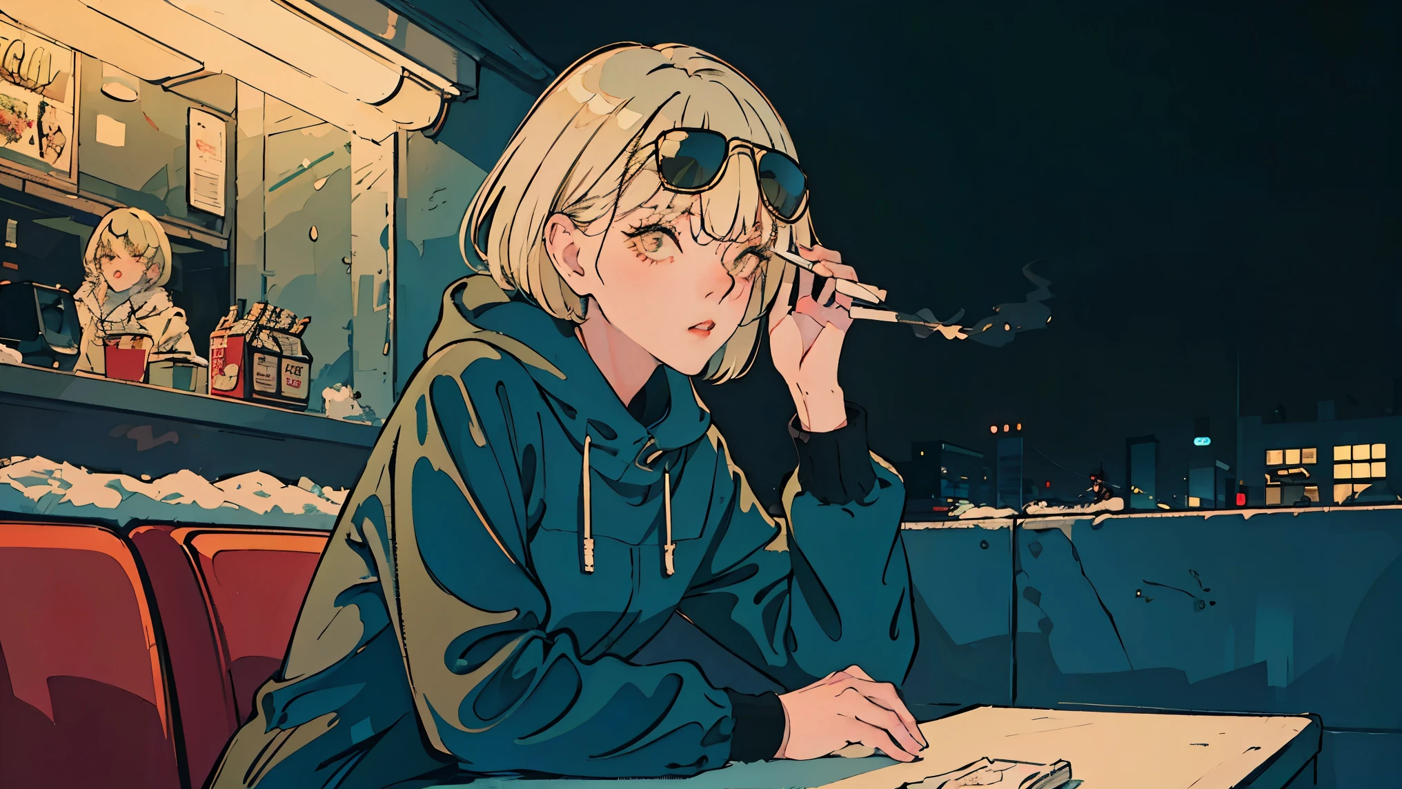 Beautiful blond Asian girl sitting in a diner at night, visible from the window, perfect face, Smoking white Taylormade cigarettes, neon black, (with backlight: 1.1), hard shadow, masterpiece, highest quality, Complex, model shooting style, vintage, film grain, incomplete details,winter,sunglasses,Christmas,snow