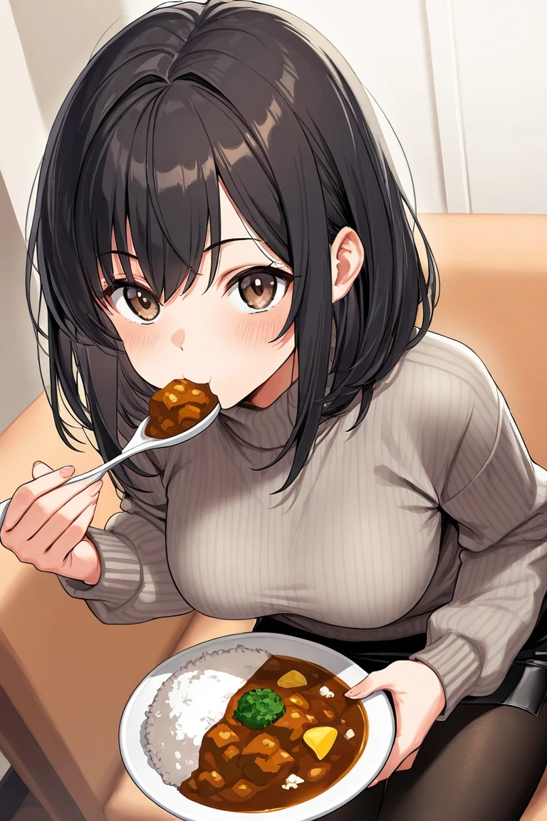 Highest quality, High resolution, 1.female, Crying, Delicious, Lying face down on the floor, Black eyes, Cute, Looking down, , Small breasrt hair, Black Hair, (Dog food:1.2), Whole body, face in dog food, from below