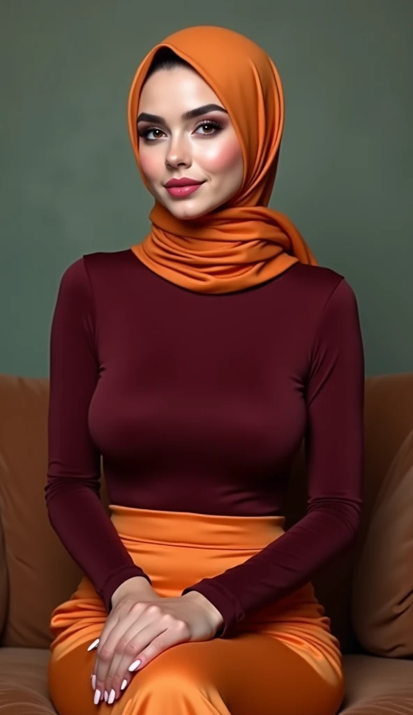 1 20 yo malaysian woman very pale skin, sharp chinned, hijab, light theme, soothing tones, muted colors, high contrast, (natural skin texture, hyperrealism, soft light, sharp), simple background), accurate, high quality, ((sexy bra)), wearing orange shawl hijab, vagina slightly visible, highly detailed, giving a tit fuck, big thick and long cock between, a lot of cum shot on breasts, lubed skin, cute facial expression, (small breasts 1.6), ((very long penis 1.6)), sensual, cum dripping on face, side angle shot, side view