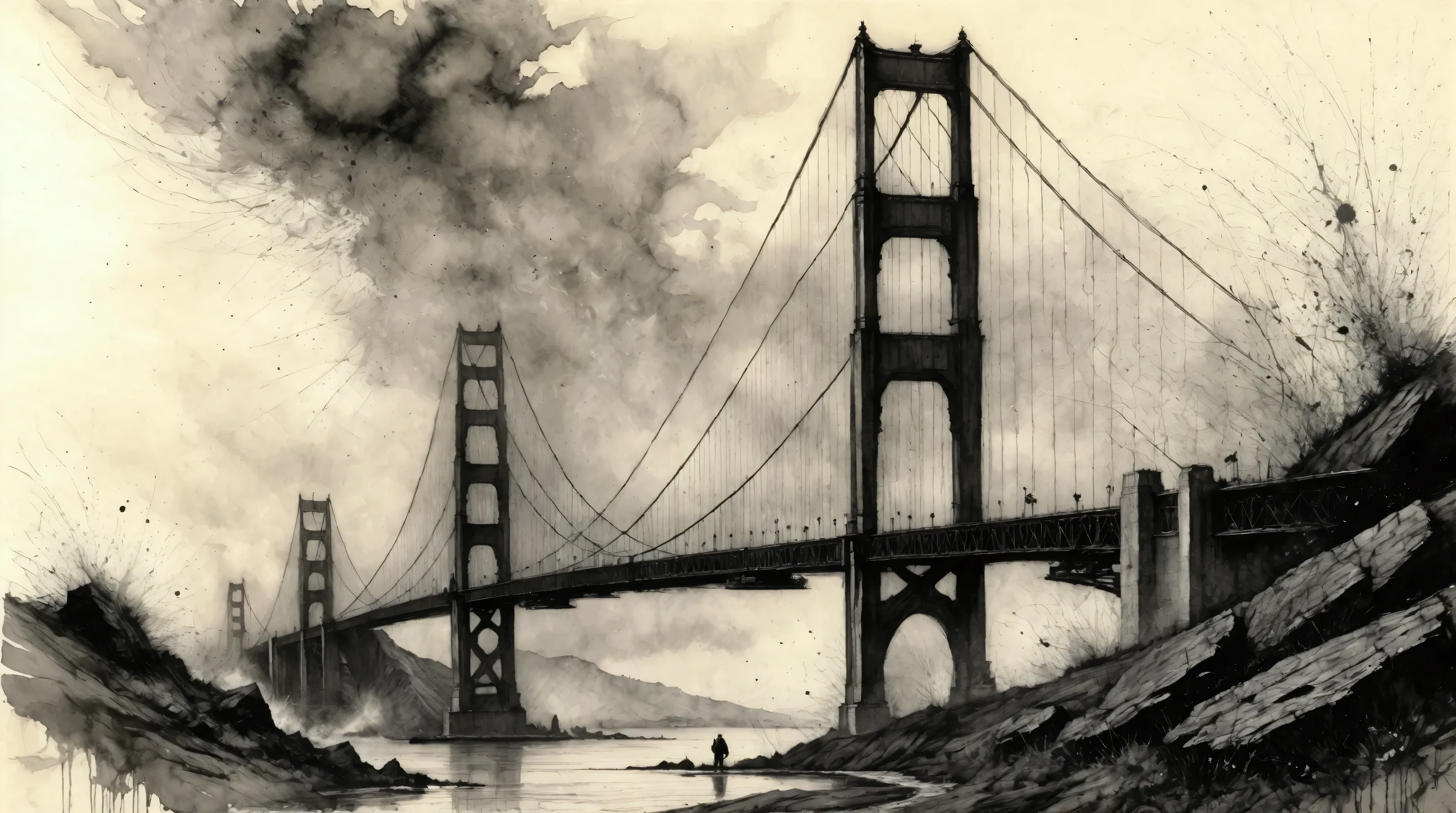 Charcoal drawing, crayon, black pencil drawing, pencil drawing, black and white drawing, graphite drawing, portrait, the golden gate bridge of san franciso, watercolor wet- on-wet technique and splatter center perfect composition abstraction surrealism Charcoal drawing painting in the style of artists such as Russ Mills Sakimichan Vlop Leush Artgerm, Darek Zabrocki and Jean-Baptiste Monge,