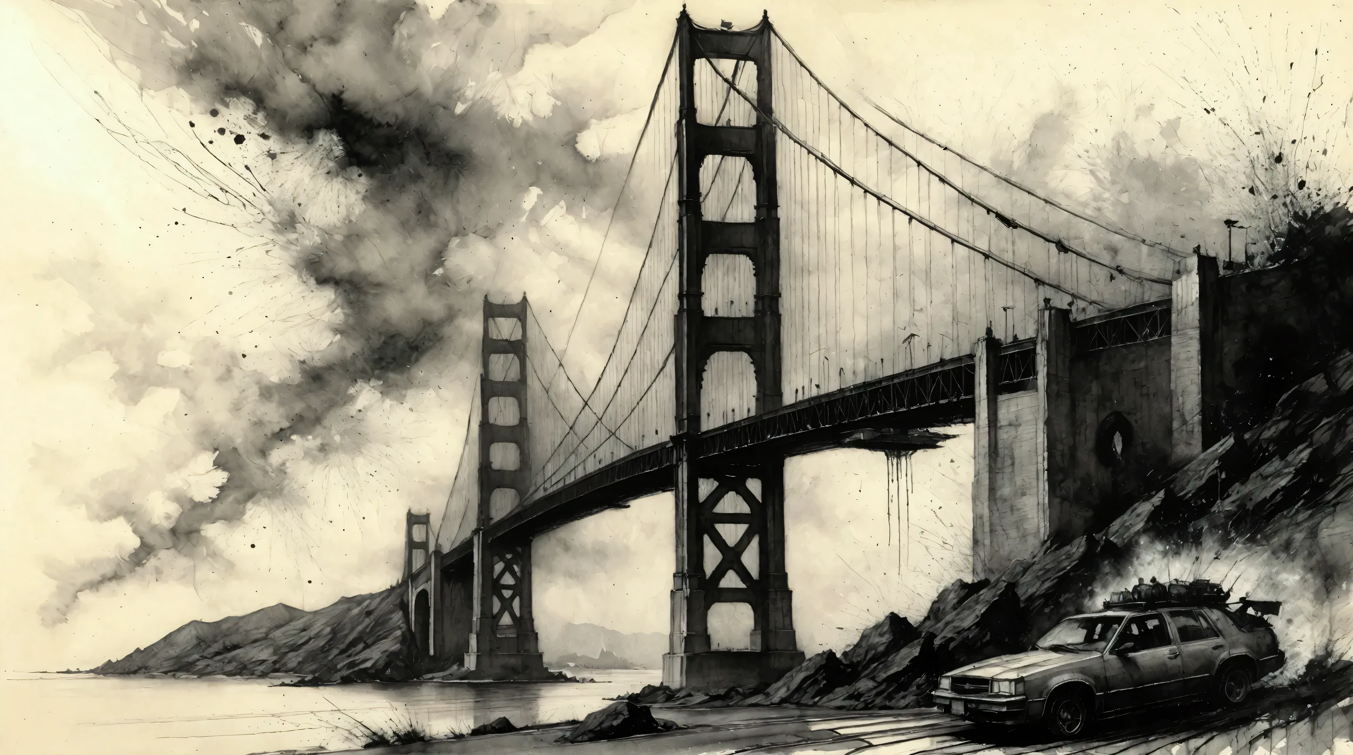Charcoal drawing, crayon, black pencil drawing, pencil drawing, black and white drawing, graphite drawing, portrait, the golden gate bridge of san franciso, watercolor wet- on-wet technique and splatter center perfect composition abstraction surrealism Charcoal drawing painting in the style of artists such as Russ Mills Sakimichan Vlop Leush Artgerm, Darek Zabrocki and Jean-Baptiste Monge,