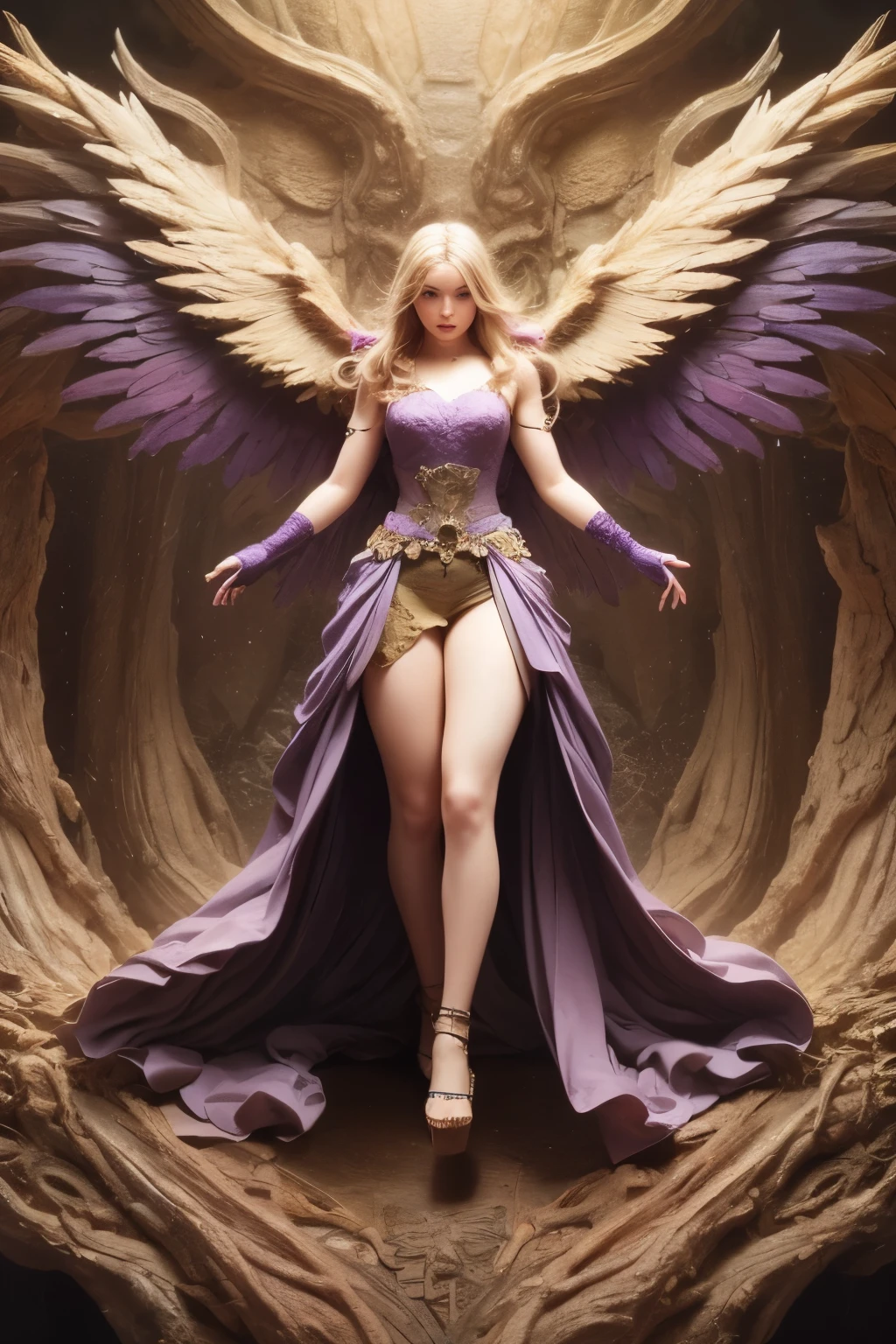 majestic angel of transmutation , beautifully dressed in violet and beige flowers, arms extended upwards , with no definite gender , giant wings formed by plants , Leaves and Flowers, purple organic armor , High resolution, Ultra-detailed image, full body, perfect hands, full image, no cropping image
