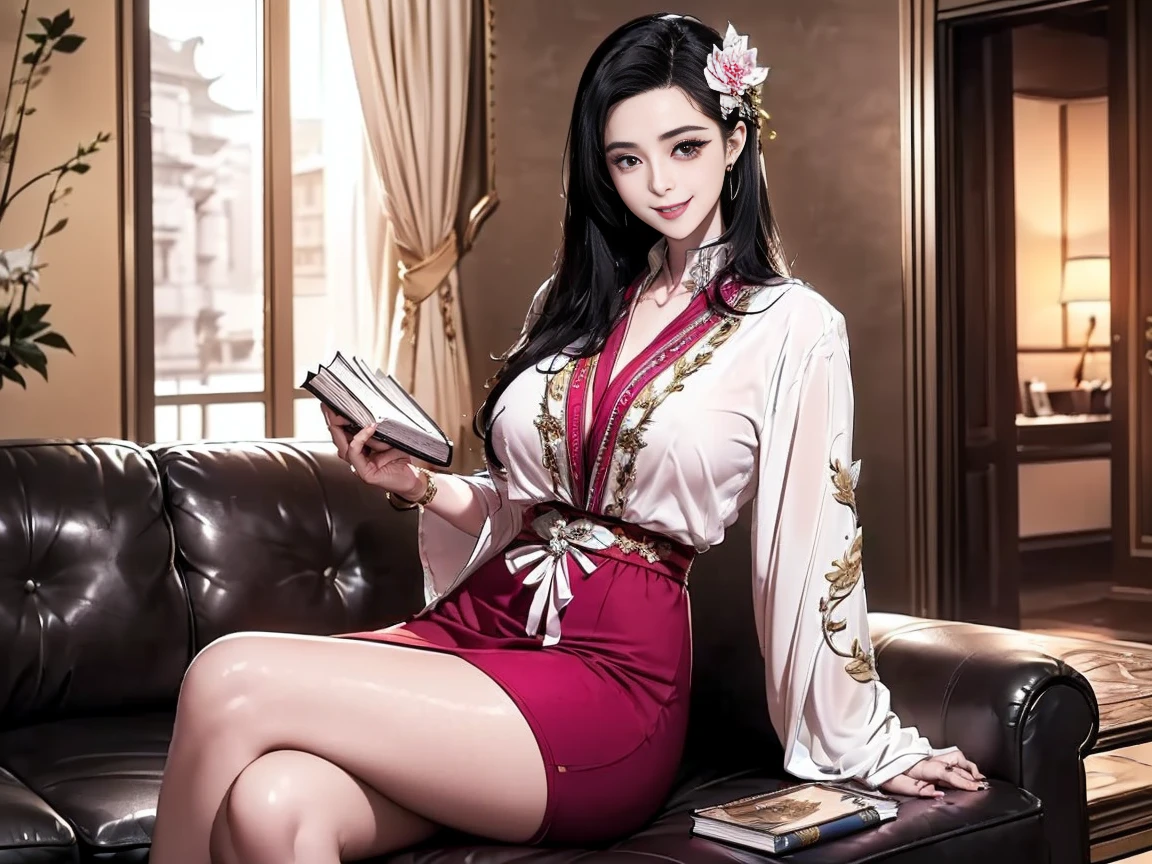 masterpiece, best quality, highres, 1girl, black hair, long hair, purple eyes, necklace, earrings, thighhighs, red dress, cleavage, cowboy shot, sitting, indoors, chair, desk, smile, closed mouth,
