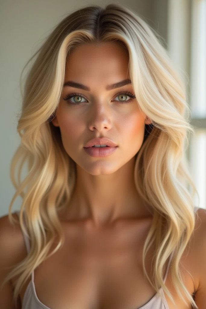 (realisitic, photorealisitic: 1.37), Amber Heard, detailed face, hair blonde, serious face, confident looking, detailedeyes, detailed lips, elegant appearance, Defined athletic body, breasts big, medium hair loose in the wind , Contemporary antecedents, studio lighting, bright vivid colours