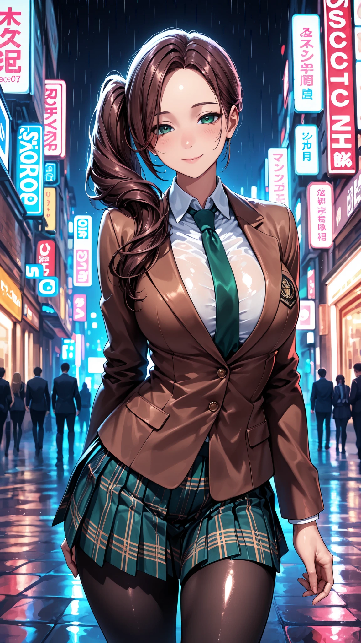 masterpiece, best quality, vibrant, very aesthetic, high contrast, anime style, semirealistic, newest, shiny skin,slender, cinematic-lightning, Enhance colors to maximum saturation, cowboy shot, high contrast, 1girl, detailed eyes, green eyes, slightly smile, detailed semi-long hair, dark brown silky hair, forehead, sliced back hair, side ponytail, contrapposto, Captivating thighs, uniform, brown blazers, Green tie, Plaid Pleated Skirt, black tights, rainy cyber city, at night
