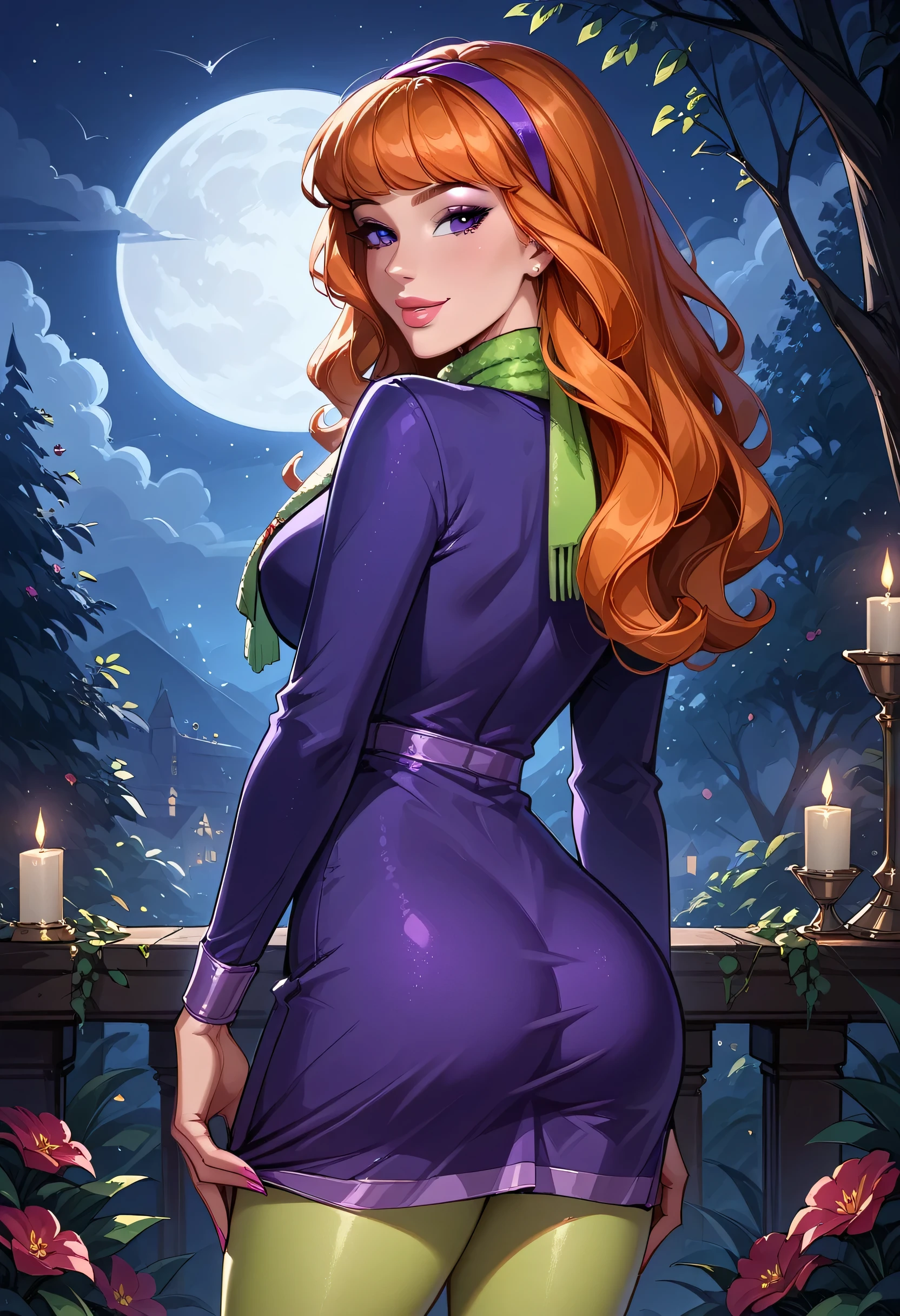 score_9, score_8_up, score_7_up, cinematic film still, solo, 1girl, very sexy (EPsbdDaphne, orange hair, long hair, purple eyes, purple hairband, green scarf, pink pantyhose, purple dress, long sleeves:1.3), beautiful waifu, thicc, flirt, gaze, sexy look, half-closed eyes, head tilt, filled lips, thick lips, sweet smile, makeup, sexy pose, confident, cowboy shot, looking back, ass, from behind, haunted mansion, night, dark, expressiveh d4rk01l, perfect hands, perfect proportions.
