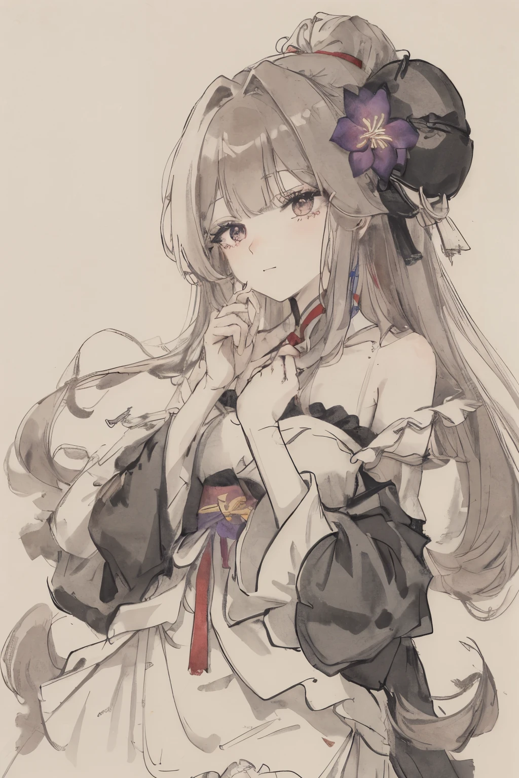 （（A high resolution））， （with her mouth grinned）， （chest circumference）， （（quality））， （（ultradetailed）） （（Ultra Fine CG））， （（8K_the wallpaper））， dynamic angle， Floating King， （There are beautiful details in the eyes）， Very delicate and beautiful girl， upper part of body， Ink painting and watercolor， （Chinese）， light brown eyes， catching fire， detailedlight。Translucent fluid flowing from the_low，（pale brown hair），（Light red spider lily：1.33），light purple eyes，（hairflower）：1.3），full bloom，Noarrysky，hair adornments，ear nipple ring，jewely，The hair is messy，shoulder，Blooming with half-closed eyes，（（Pan）），faeries，（Hanfu：1.3），（middlebreast）：1.2），（eye shadows，Red eyeliner：1.15），（eye shadows，Red eyeliner：1.15），（eye shadows，Red eyeliner：1.15），（Eyes can see through hair： 1.2）、（Solo exhibition）、Huang Yue 1girl, Solo, Looking at viewer, Best Quality, Masterpiece, Accurate, Smirk, 