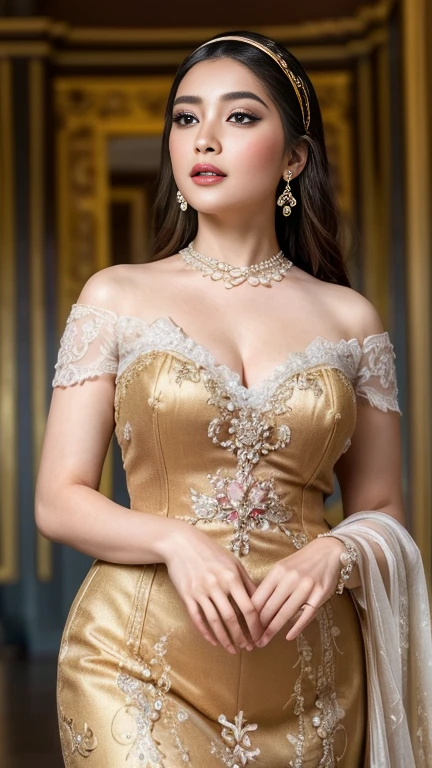 (Masterpiece:1.3), (8K, Photorealistic, RAW photo, Best Quality: 1.4), malay, Beautiful Face, (Realistic Face), (Medium Hair:1.3), Beautiful Hairstyle, Realistic Eyes, Beautiful Eyes, big breast, Malay woman, queen and master in all pink and gold, beautiful with flower crown and beautiful pink dress, 25 years old, smiling, appearing from head to toe, Ruler of the Colony of Light, City of light and power, Image must appearing from head to toe, in a kingdom, Castelo das Flores, she had to stand with a bunch of flowers pictured all over her body