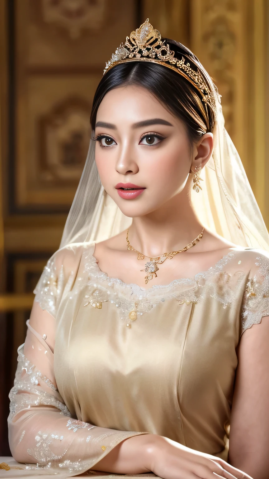 (best quality,4k,highres,masterpiece:1.2),ultra-detailed,realistic:1.37,beautiful and regal Javanese queen with hijab,dark and luxurious palace backdrop,beautiful detailed eyes and face,long eyelashes,voluptuous and curvy figure,exquisite jewelry and accessories,ornate and intricate patterned textiles,dazzling crown and royal attire,golden light illuminating the scene,vibrant and vivid color palette,soft and ethereal lighting,confident and alluring expression,graceful and elegant pose,serene and majestic atmosphere,rich cultural elements and symbols,meticulously captured body contours,subtle and tasteful sensuality,endless attention to every detail,romantic and dreamlike ambiance,artistic interpretation of beauty,stylish and sophisticated composition.