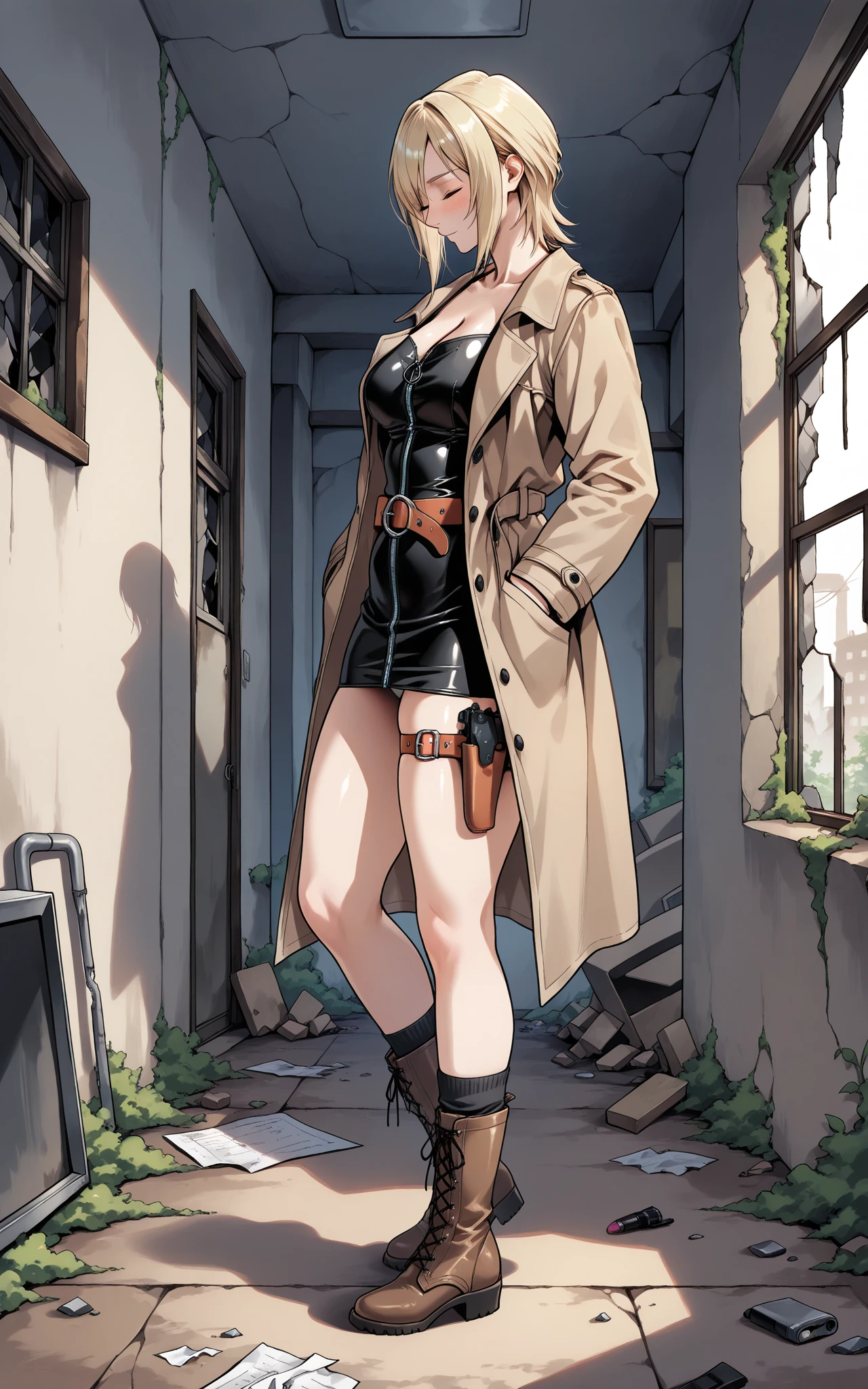 A girl, look at viewer, front view, standing ,tall and mature, nice pose, detail face, detail outfits, ((best  (intricate detailed:1), (ultra skin texture) , (high quality:1.2), smooth, aesthetic, extremely detailed, photo_\(ultra\, photo-realistic 8k, photorealism, (4k ultra highres:1.2), 4K. Portrait photo of a gorgeous 20yo woman, errogant face, short hair, pixie bob haircut (mikasa pixie cut), long height, haughty and proud, parted lips, smiling, , perfect body , intricate detail composition of the body, long, nice hands, holding a scarlet scarf, Wearing body stuck shirt (long arms) (white) , wears harness belt on tight shirt belt is brown colour) (not crossing shirt) , (wearing  gothic leg harness on legs), wearing belt(brown colour), BREAK, wearing leather boots(brown color), prison background, inside prison, prison landscape:1.2), standing in room of prison, (morning:1.2), (golden hour:1.2),  very soft green light, angry, mature female, solo, hips up(front view), sexy long legs, nice legs, perfect legs, thick thighs.