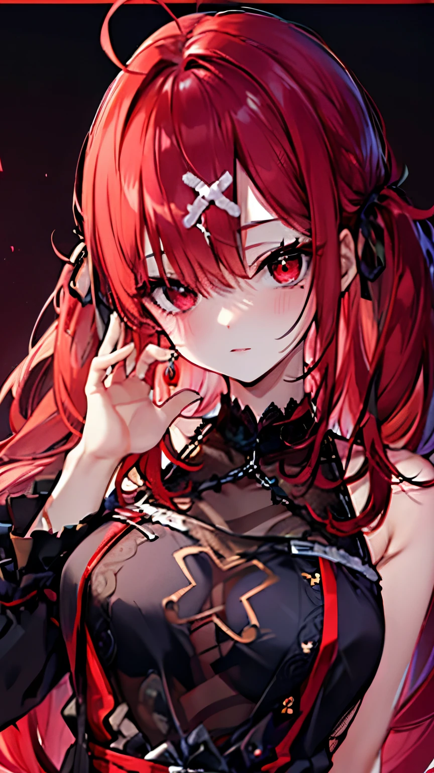 A female monster with red hair and red clothes, with seductive purple eyes, is gritting her teeth in pain after being attacked by a rainbow magic circle on a dark road at night.