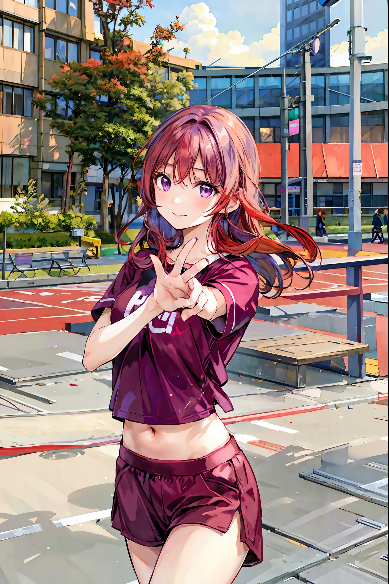 Maki Nishikino, Love Live, (Masterpiece:1.2),  best quality ,  Perfect Anatomy,  very detailed on trends, cute girl,  Shiny Skin, A faint smile, Alone,  beautiful big eyes,  cute eyes from the right, ( purple eyes :1.4), (Red bright hair :1.4), sport top piece,  sports shirt ,  sports shorts, School, Running Track,  Audience ,  Character Focus ,  wicked smile ,  Running Pose,  showing belly,