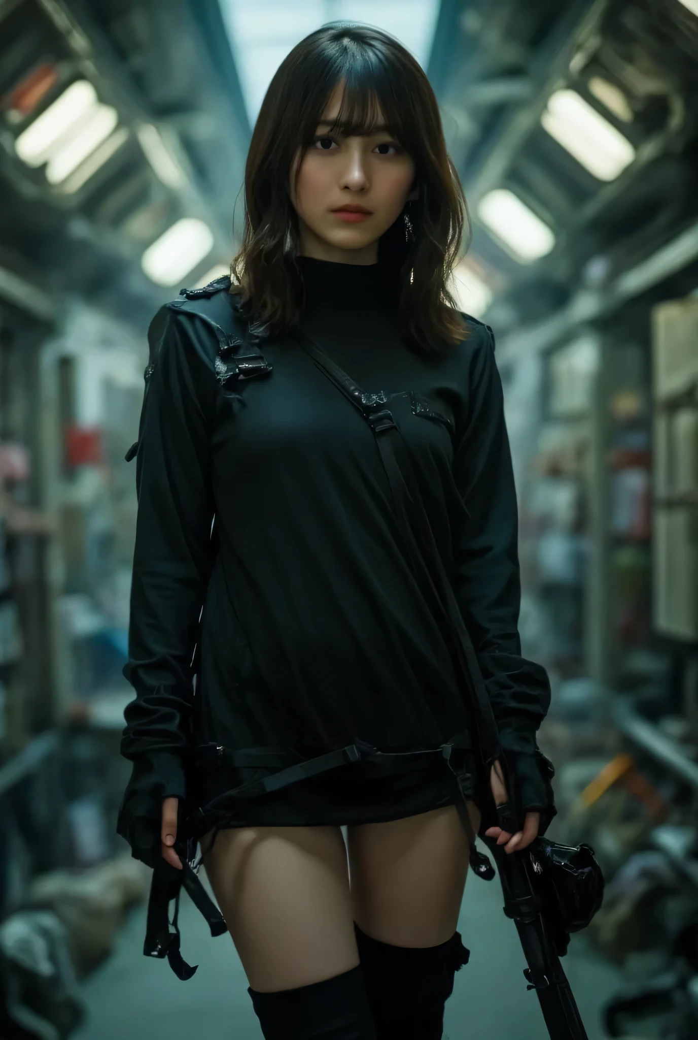 ((The dark interior of the Nostromo ship :1.5),(( HR Gigger-style cyberpunk atmosphere :1.5)),( blurry background:1.5),((whole body:2.0)),((( futuristic SWAT troop style black super high leg bodysuit:2.0))),((Shiny ultra high leg leotard :1.5)),cami style ,(( tight latex high leg leotard that fits the body)),(( wear a military jacket with an open front over a leotard :1.9)),((ear monitor:1.5)),(((Tactical Holster:1.5))),( gloves:1.5),( one woman), cute face,Beautiful well-balanced face ,( 20 year old Japanese woman), ( Glamorous Shots of Japanese Women ),( Slender Beautiful Body :1.5),( model body type),Slim body,(( big breasts:1.5)),(((Bare thighs:1.8))),((Voluptuous thighs:1.5)),( delicate body:2.0),((Very sensual:1.5)),(( :1.5)),((Hold a cyberpunk-style Japanese sword:2.0)),(( perfect body line)),(( Ideal Proportions )), realistic skin texture,( natural big breasted :1.5),( black hair:1.5),( beautiful eyes:1.3),( Shrimp:1.5)),A harmonious posture,(((masterpiece:2.0))),((( best quality :2.0))),( high resolution:2.0),(UHD:1.5),(( movie lights:2.0)),( Delicate Depiction),((Realistic depiction of nipples,Areola:2.0)),((( carefully depicts limbs based on perfect anatomy :2.0)),( carefully drawn with butterfly wings ))),32K, Polo, ULTRA DETAILS,((超 high resolution)), Draw eyelashes carefully, ( very detailed face:1.5),((Highly detailed female hand:1.8)),(Sexy appearance:1.5), concept art