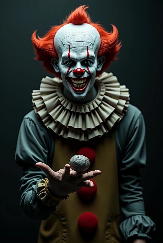 Terrifying clown with skull in his hands