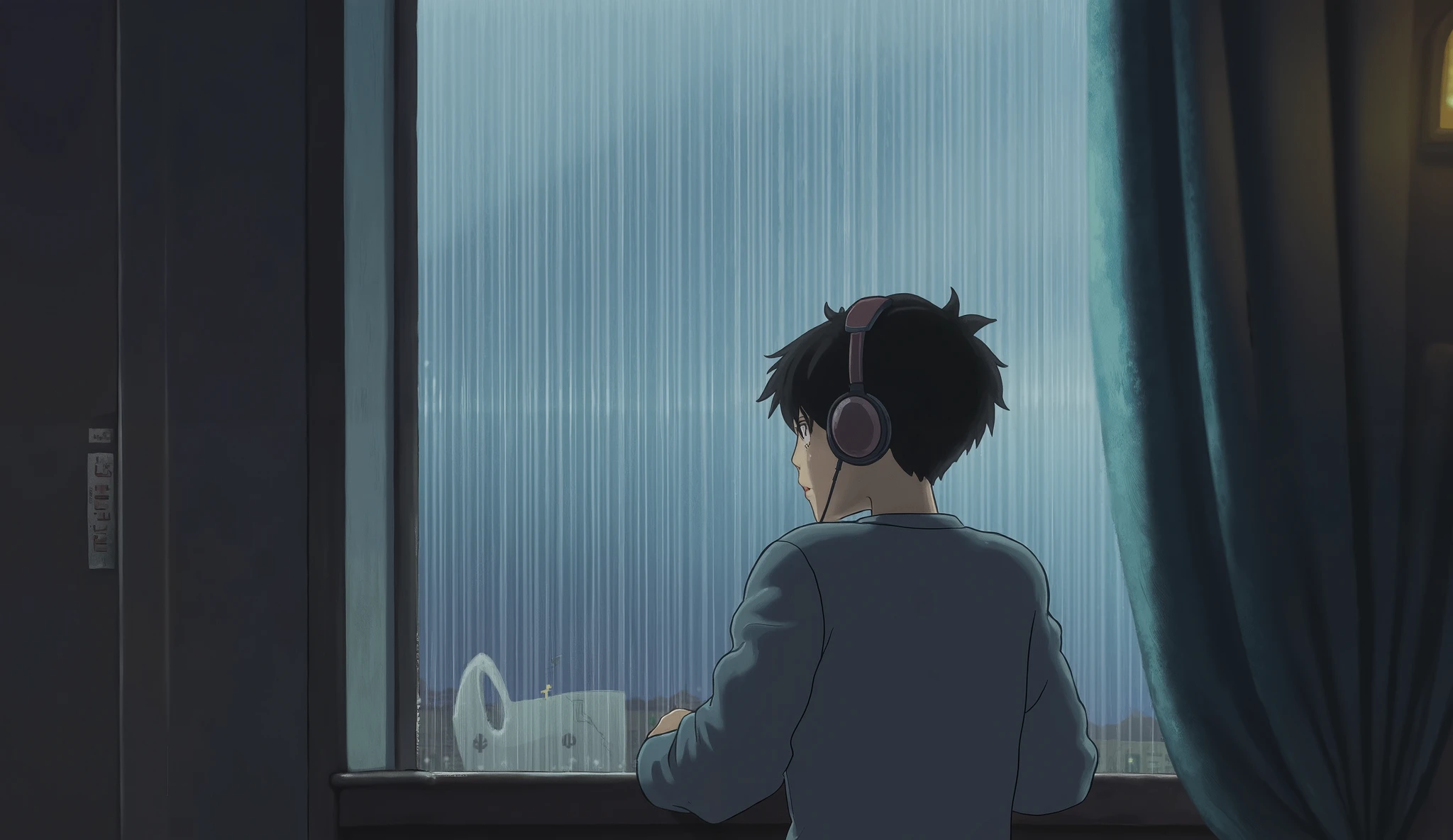 Hiro wearing a headset and looking out the rain from the window
Shinkai Makoto painting style