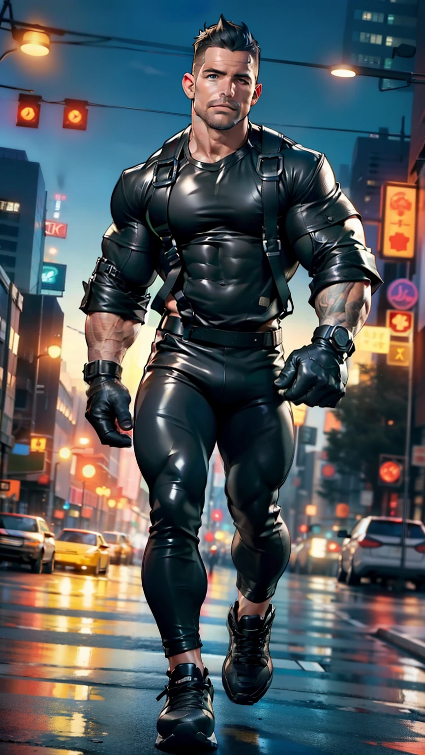 masterpiece, high-quality, detailed face, natural eyes , 1 person, male male , handsome and handsome , fit and mature , Stephen Amell in the mid-forties ,wearing black leather leggings and sneakers , leather gloves. leather harness . shows bulges and sweats , tight fabric , showing his muscles and bulge , full body walks down the street at night , background city at night , full body view