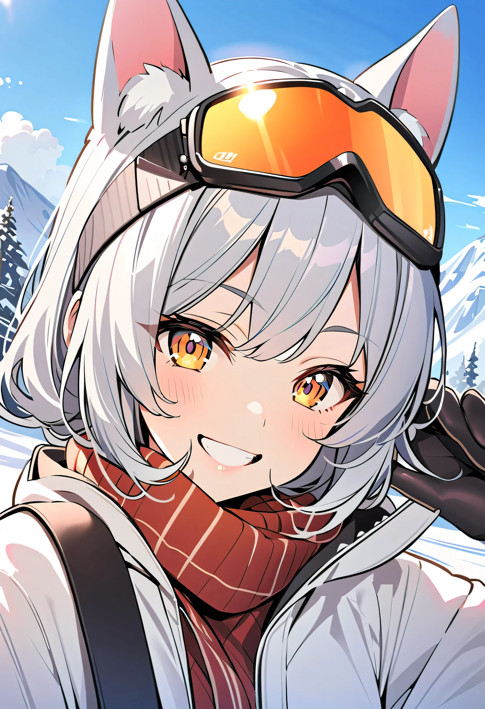 winter，smile， girl with dog ears，           Silver Hair，    White Ear，Ski