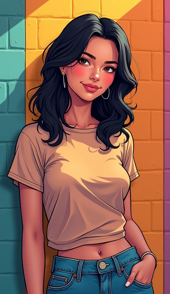 A young woman,Long hair shawl,Wearing a simple white T-shirt and blue jeans