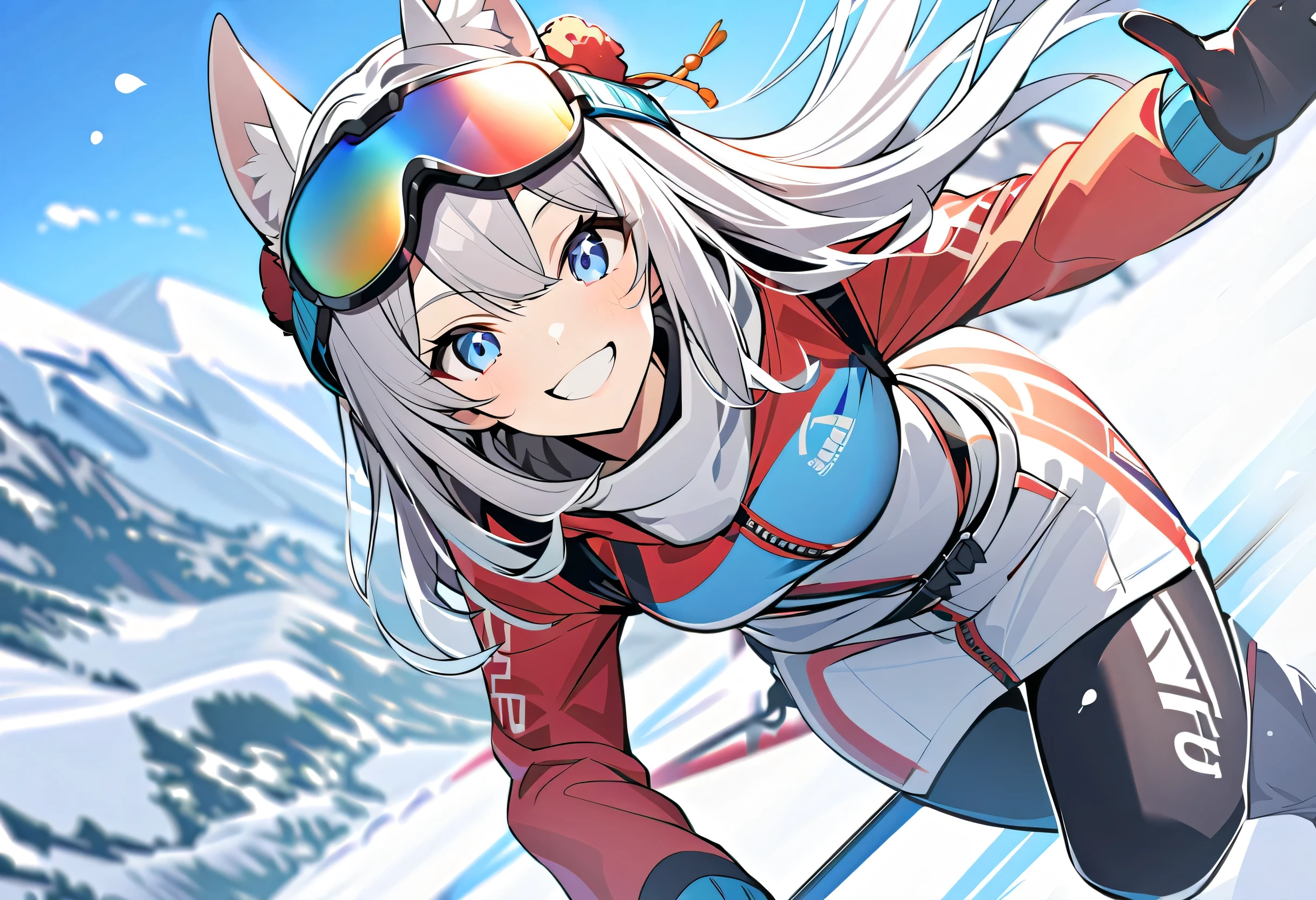 winter,smile, girl with dog ears, Silver Hair, White Ear,Ski,smile,