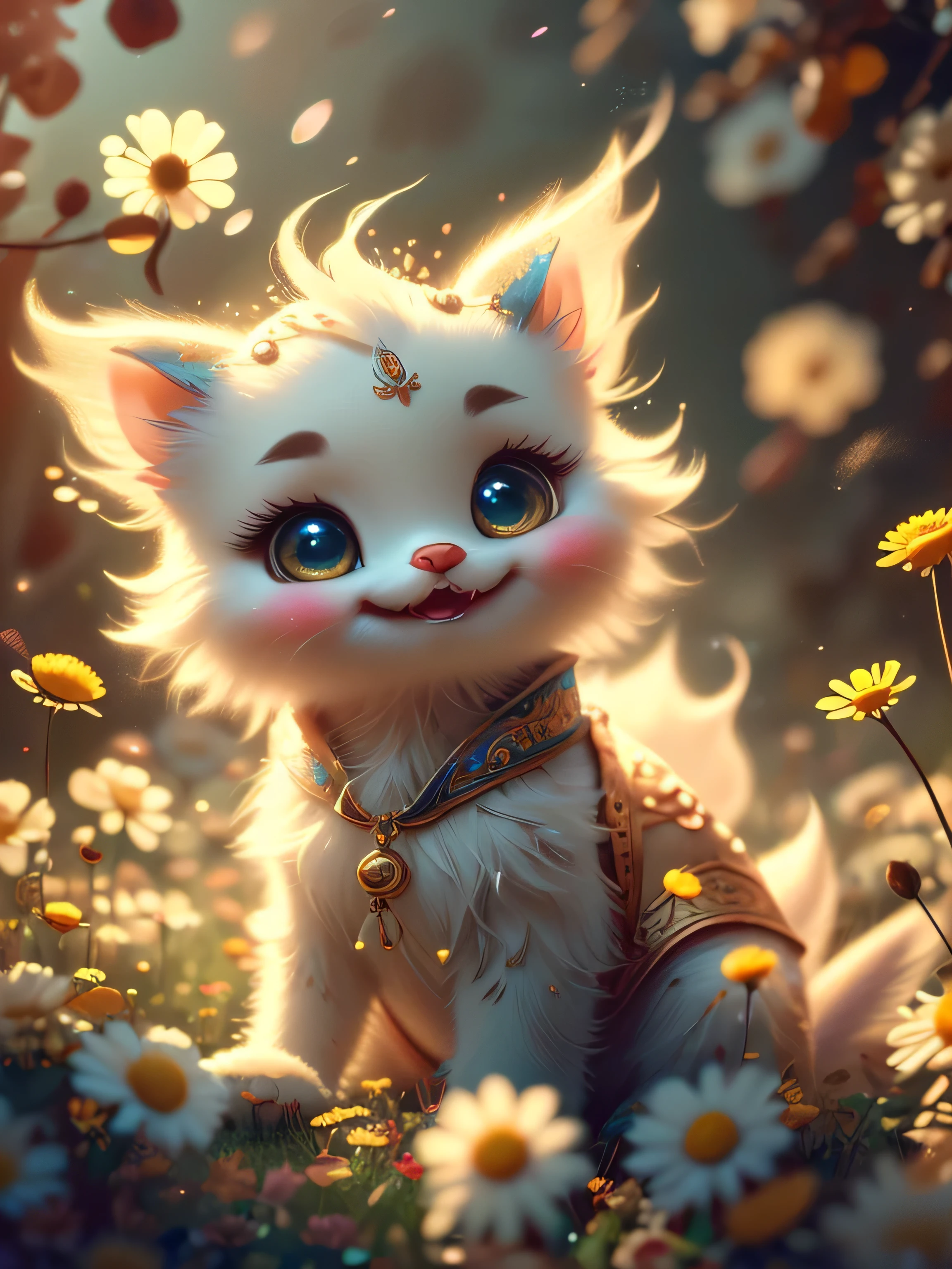 (Best Quality, Super Detail, Masterpiece, Representative Work, Official Art, Professional, Super Detail, 8k:1.3) (Photorealistic:1.2) Mystical plain in white dandelions. Very cute mythical graceful transparent anthropomorphic furry creature holds a lamp. thin arms, fragile thread legs. Natural Lighting, Soft Background, Photorealistic, Shining Eyes, Sharp Focus, Cute and Mischievous Look, Hint of Mischief, Dreamy Atmosphere, Delicate Details, Soft Volumetric Light, (Backlight:1.3), (Cinematic:1.2), Intricate Details, (ArtStation:1.3)