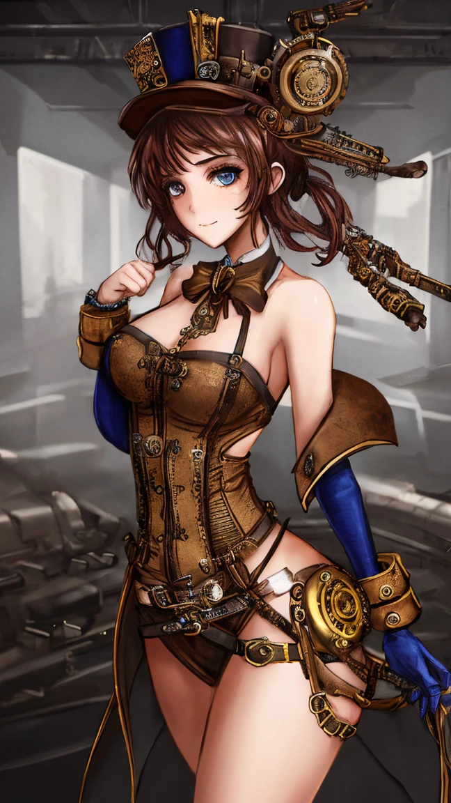 (comic book style),(line drawing_anime),(cowboy shot, highest quality, ),(Laura Budd Photo:1.2),(Laura Add Details:1.0),8k, flat color:0.8,1 girl,smile、(Highly decorative and complex mechanical steampunk fashion, lace flare dolphin hat、goggles 1.5、machinery background、Gear background、complex mechanized steampunk factory、1.5),