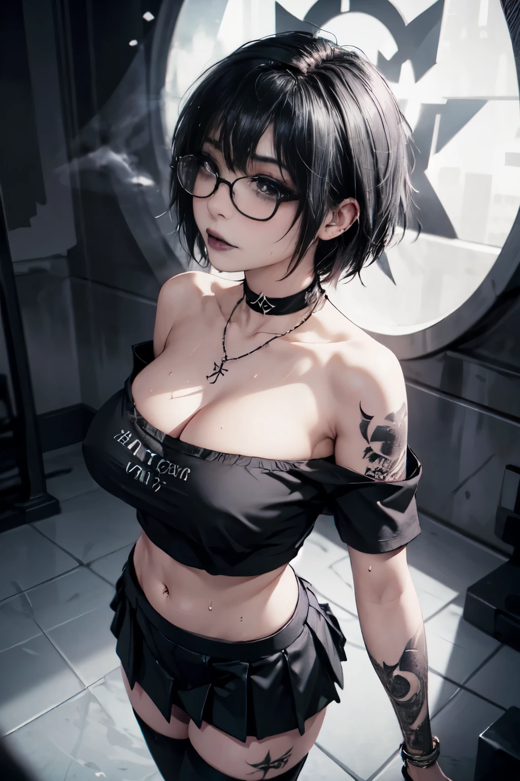 1girl, small breasts, small hips, purple eyes, green hair, crop top, denim shorts, bedroom, striped thighhighs,,pervert, petite, glasses,