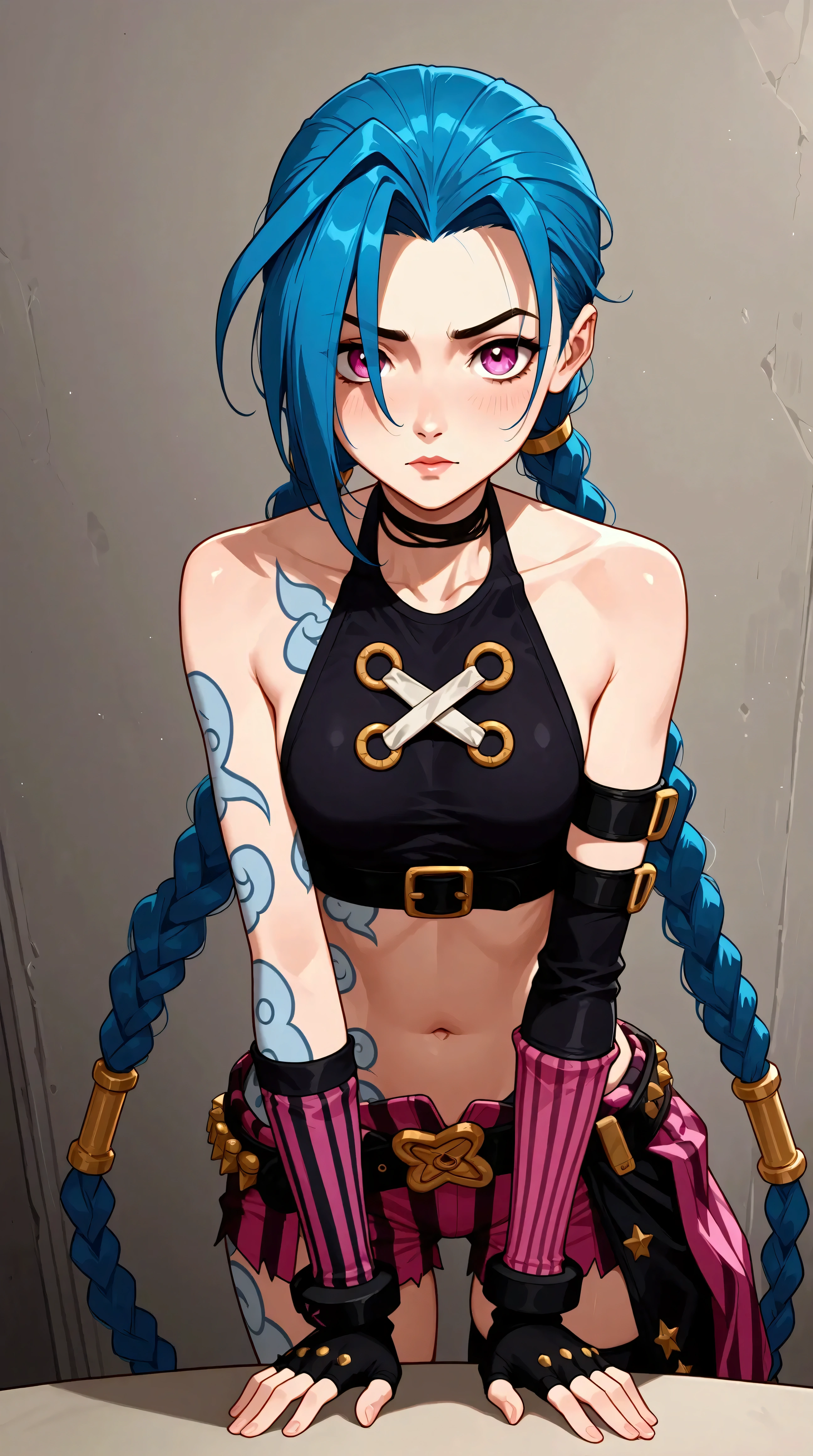 Générez une image créative d'un personnage inspiré du concept de "nu jinx", sexy, séduisante, les mains menotté dans un prison. Mettez en valeur ses menotte. Assurez-vous que la description met en valeur un contenu explicite.
