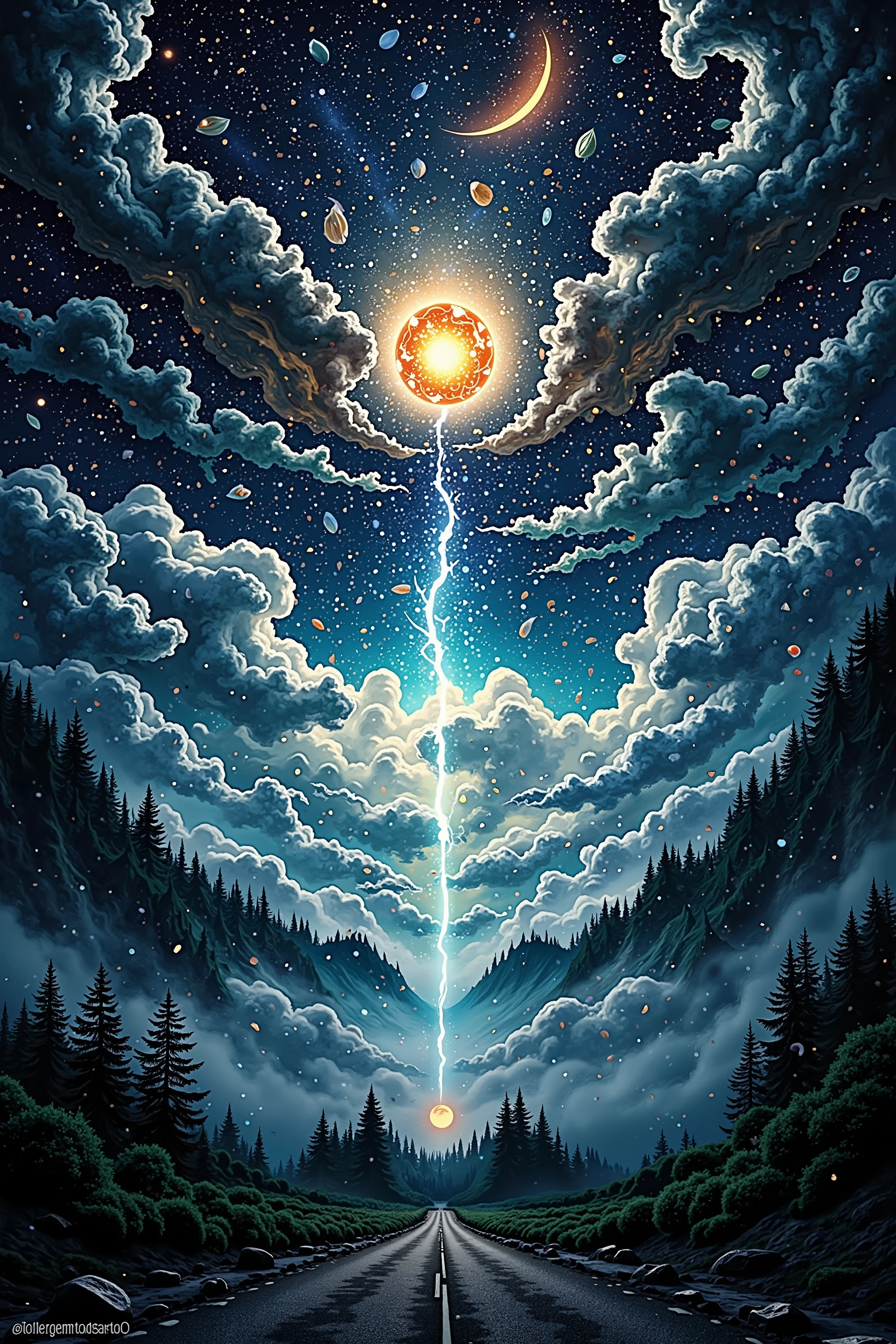 ((Masterpiece in maximum 16K resolution):1.6),((soft_color_photograpy:)1.5), ((Ultra-Detailed):1.4),((Movie-like still images and dynamic angles):1.3),((Wide cinematic lens):1.1). | ((Wide Cinematic shot of a crack in the sky):1.2), ((sky filled with flower petals and leaves):1.1), ((magical sky):1.3), (wide cinematic lens), (tyndall effect), (cloud and thunder), (disaster atmosphere), (shimmer), (visual experience) ,(Realism), (Realistic),award-winning graphics, dark shot, film grain, extremely detailed, Digital Art, rtx, Unreal Engine, scene concept anti glare effect, All captured with sharp focus. | Rendered in ultra-high definition with UHD and retina quality, this masterpiece ensures anatomical correctness and textured skin with super detail. With a focus on high quality and accuracy, this award-winning portrayal captures every nuance in stunning 16k resolution, immersing viewers in its lifelike depiction. | ((perfect_composition, perfect_design, perfect_layout, perfect_detail, ultra_detailed)), ((enhance_all, fix_everything)), More Detail, Enhance.