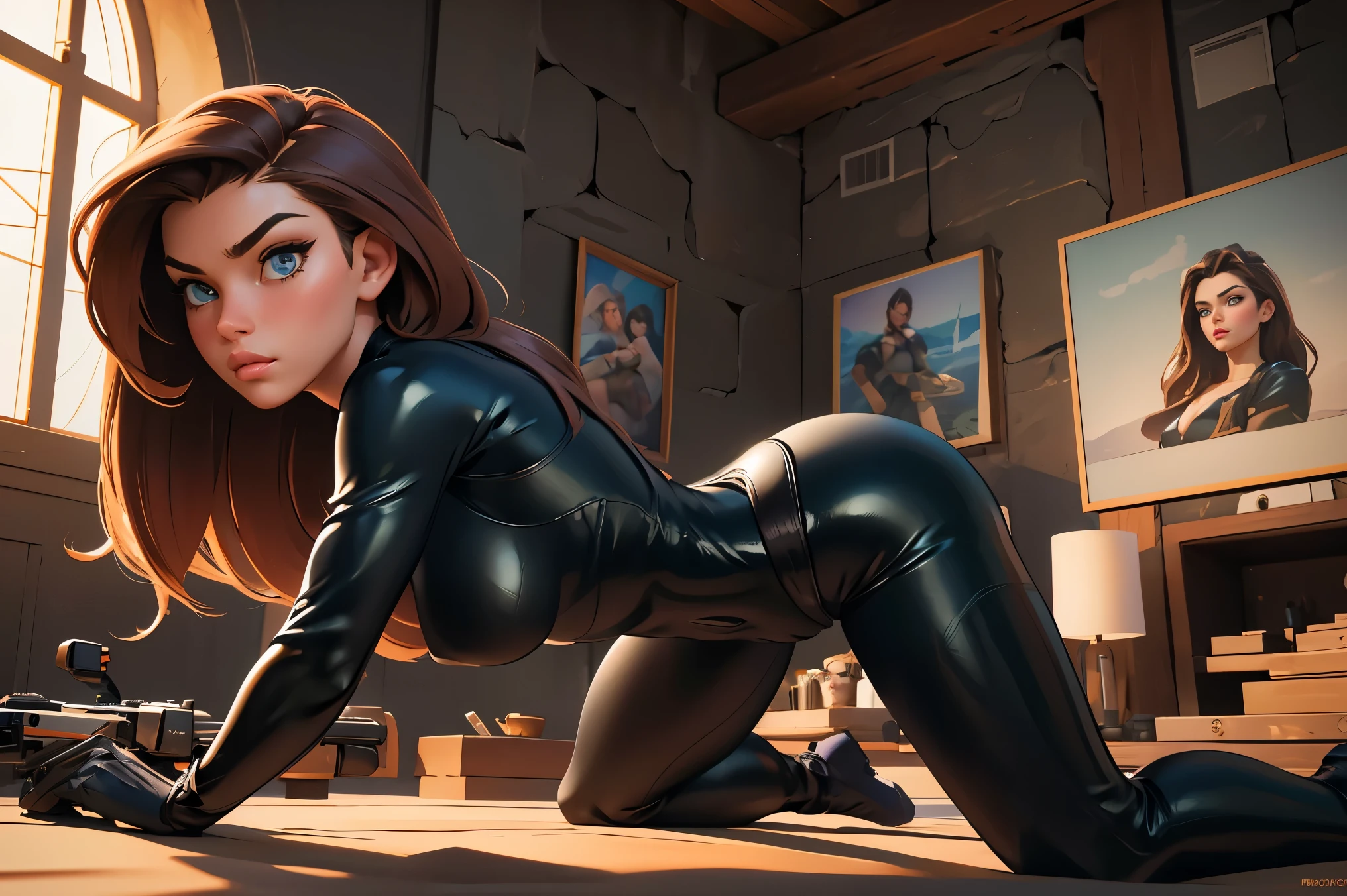 Masterpiece, raw, beautiful art, professional artist, 8k, very detailed face, very detailed hair, 1girl, Kim Possible, wearing black spy catsuit and spy gadget belt, no labels, no branding, cameltoe, on a mission, sneaking around on all fours inside a modern high tech laboratory, perfectly drawn body, beautiful face, long hair, very detailed eyes, rosey cheeks, intricate details in eyes, puckered lips, perfect fit body, beautiful body, extremely detailed, intricate details, highly detailed, sharp focus, detailed skin, realistic skin texture, texture, detailed eyes, high resolution, kodak vision color, foto_\(ultra\), post-processing, maximum detail, roughness, real life, ultra realistic, photorealism, photography, absurdres, RAW photo, highest quality, high detail RAW color photo, professional photo, extremely detailed UHD 8k wallpaper unit, best quality, highres, (masterpiece, top quality, high resolution:1.4), photo, cinematic, film grain, sharp, soft natural light, magic photography, super detailed