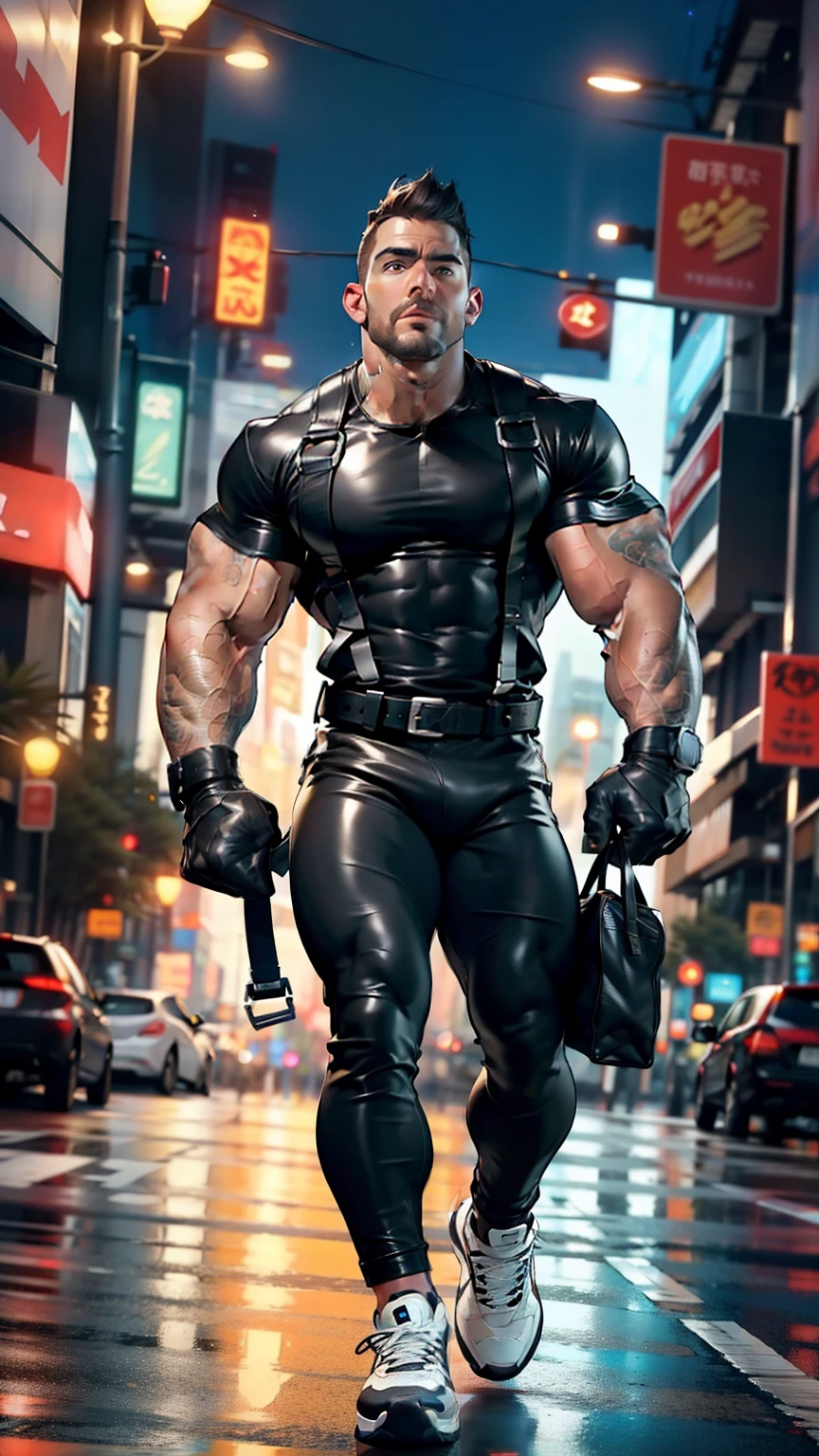 masterpiece, high quality , detailed face, natural eyes , 2-meter-tall man , male , bdsm-master , handsome and handsome , fit and mature , bristle, Steven Amell , 35 years old , dressed in black leather leggings and black sneakers , leather gloves. leather harness . shows bulges and sweat , Thick fabric , showing off his muscles and bulge , realistic penis, walking down the street at night full length , background city at night , full body view