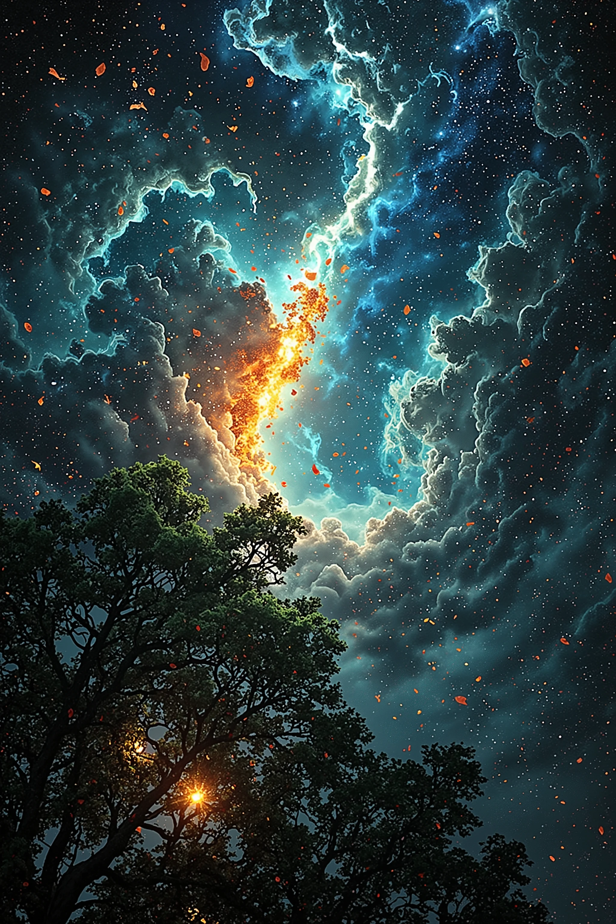 ((Masterpiece in maximum 16K resolution):1.6),((soft_color_photograpy:)1.5), ((Ultra-Detailed):1.4),((Movie-like still images and dynamic angles):1.3),((Wide cinematic lens):1.1). | ((Wide Cinematic shot of a crack in the sky):1.2), ((sky filled with flower petals and leaves):1.1), ((magical sky):1.3), (wide cinematic lens), (tyndall effect), (cloud and thunder), (disaster atmosphere), (shimmer), (visual experience) ,(Realism), (Realistic),award-winning graphics, dark shot, film grain, extremely detailed, Digital Art, rtx, Unreal Engine, scene concept anti glare effect, All captured with sharp focus. | Rendered in ultra-high definition with UHD and retina quality, this masterpiece ensures anatomical correctness and textured skin with super detail. With a focus on high quality and accuracy, this award-winning portrayal captures every nuance in stunning 16k resolution, immersing viewers in its lifelike depiction. | ((perfect_composition, perfect_design, perfect_layout, perfect_detail, ultra_detailed)), ((enhance_all, fix_everything)), More Detail, Enhance.