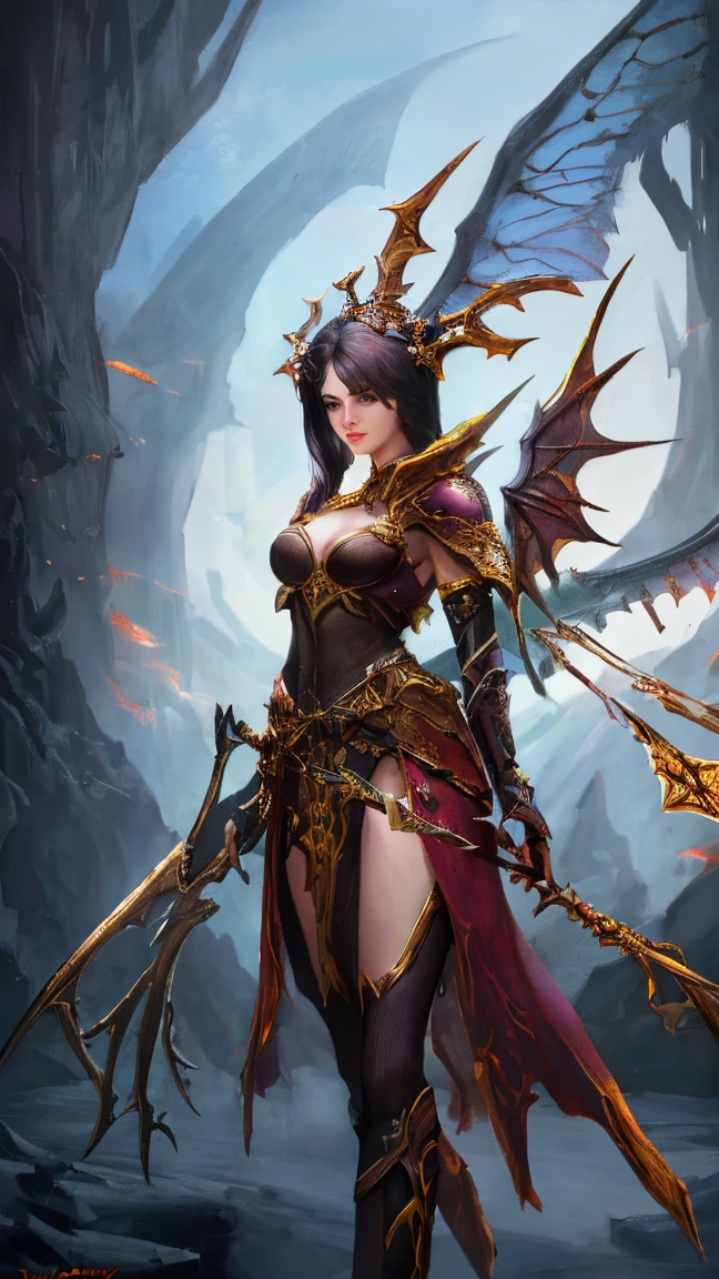 ((very delicate))best picture quality,Beautiful full body portrait of a female gentleman，Full body with buttocks visible, bikini, warrior in red armor, Exquisite dark brown hairstyle.，bright eyes，A double-edged sword held in both hands, very detailed details, ((Ancient dragon with huge black wings protecting warriors.)), Advanced, break your own power, Large breasts that reveal cleavage，R-18G,((ancient fantasy castle background)),,More detailed 8K.Unreal Engine, masterpiece, best quality,object object], (Detailed facial features), (4 k detail fantasy),(realist, photorealism),((The right ratio))