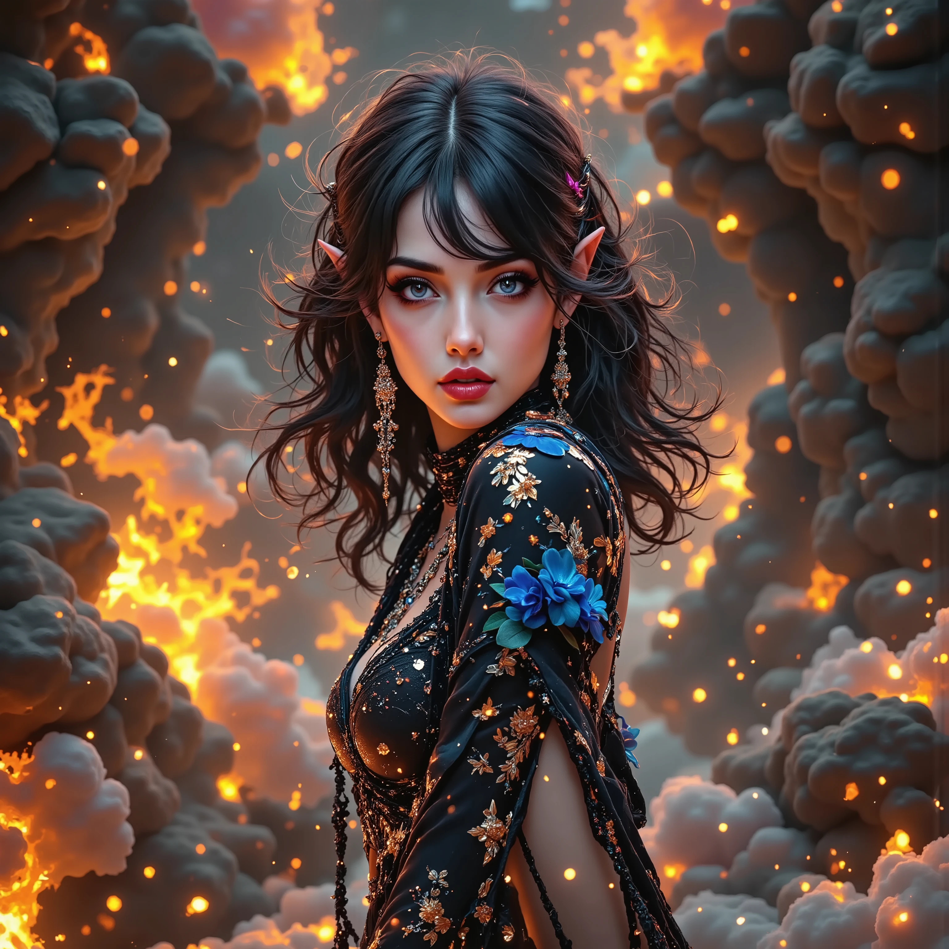quality:
(((masterpiece, high quality 16K, 32K))), (8k, Ultra-photorealistic :1.3), (vivid colors, cinematic composition, professional photoshoot), photoshooting of a Cosplay ag girl,
Scene:
A mystical , fiery surroundings, infused with bright blue fire, that surround the central figure like living flames. with a touch of imagination and glamor , with deep shadows and glowing light accents, that enhance the dramatic atmosphere.
Subject :
Delta from The Eminence in Shadow takes center stage. Her wild , powerful expression is underlined by her bright blue eyes and pointed ears, that highlight her as an unbridled and dynamic personality. frame your full , sensual facial expressions and the striking facial features capture her energy perfectly a.
Pose:
She stands with a confident, slightly bent posture, her muscular, slender figure under tension. Touch of mystery and strength , that symbolizes her mysterious and powerful character.
Outfit:
A skin-tight, Shiny black leather suit , that accentuates her figure . details such as shimmering, sharp-edged armor accents give the look a wild, battle-ready elegance.
lighting:
The blue fire casts intense reflections on her clothing and face, highlights her sharp features and creates a brightly dramatic mood.
silent:
mystical, dynamic and powerful , a mix of dark fantasy and heroic presence.
