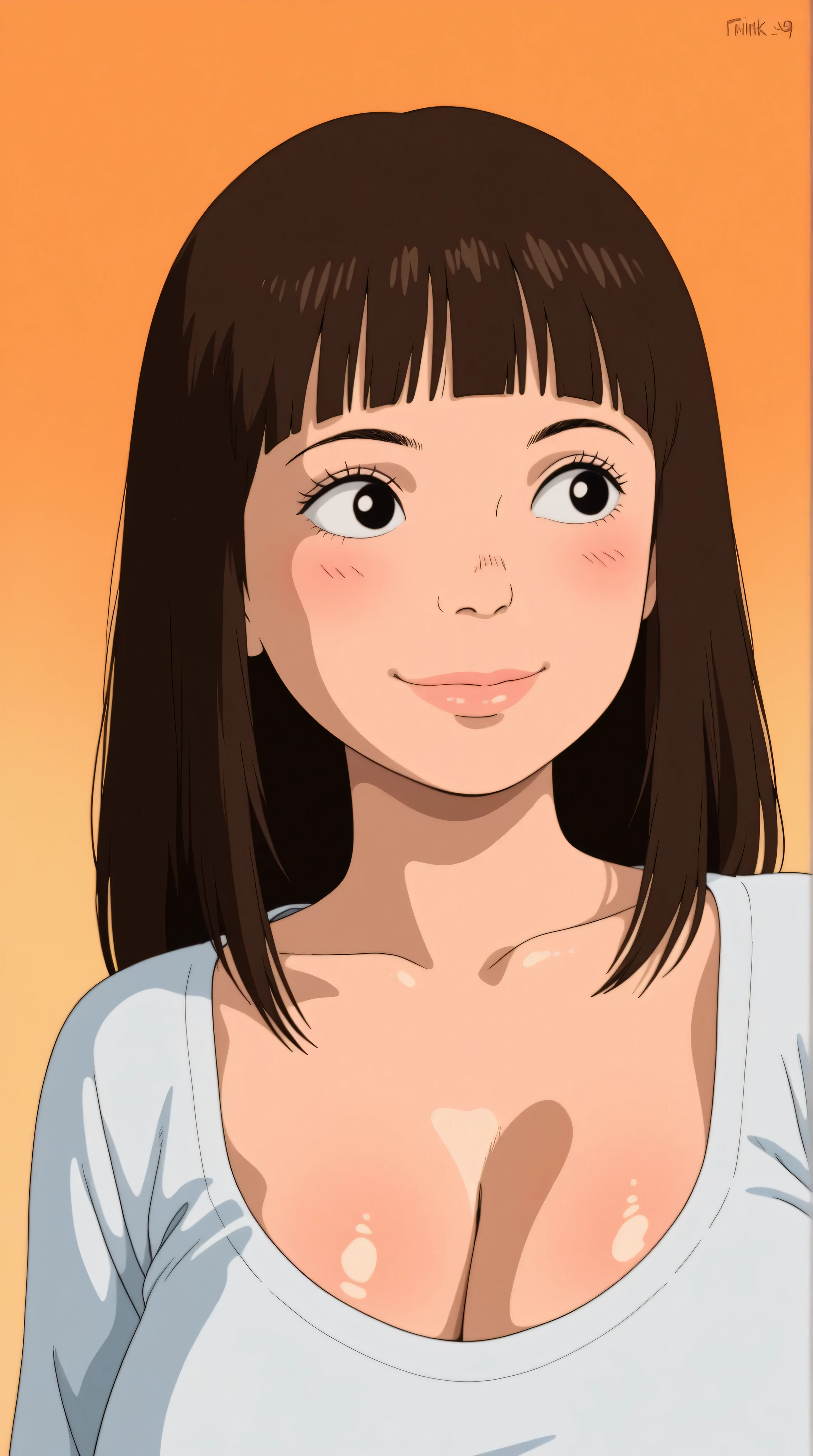 ghibli ,anime , young korean girl, lip, Laplap, Fiberglass, fluorescent orange gradient background, Rust hair, Blunt bangs hair, masterpiece, best quality, niji style, shiny skin, (eyes looking off to side), Highly detailed, Amazing work,Vitreous luster, blues, purples, pinks, Best quality at best,shiny skin, no background, colorful background, orange background, rust background, burgundy background, heavy blushing, huge breasts, cleavage, smiling,