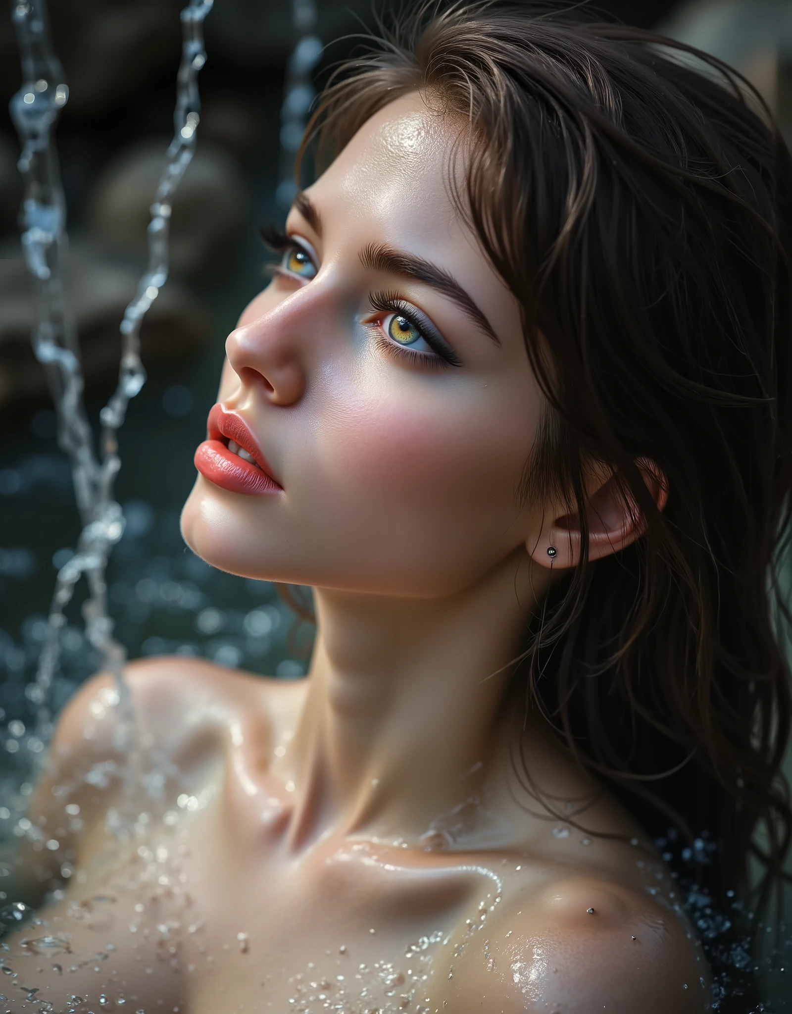 Realistic (photorealistic Realism), ((Ultra-realistic , ultra-high resolution)), ((Ultra-intricately detailed digital art)), professional photography, ((portrait)) a cute 1 Female, European, (ultra realistic texture details: velvety skin, hair),close-up of her eyes,((sharp focus, no blurr eyes, high resolution, absurd quality, Realistic yellow_eyes:1.5),intricately detail:1.35),((extremely fine details eyes))((extra narrow eyebrows))(Carefully draw Long blue_eyelashes:1.35)(perfect round eyes:1.3).((finely detailed pupils:1.3))((extremely fine details pupils:1.3))((extremely fine details iris of the eyes:1.35))(Shining, mesmerizing, Vibrant eyes:1.3).((professional makeup:1.35))((perfect dark_eyeshadows:1.45)),detailed lips:1.3,(apply glossy red_lipstick:1.45)(pink_makeup:1.28), (beautiful little nose), (perfect proportions:1.2),(small head),(anatomically correct), perfect female body, (Very beautiful, detailed face :1.38)、((very detailed lips: 1.21)、(very detailed nose: 1.2)、((small head: 1.4))、((Erotic:1.6)), (Facial expressions, (face as she orgasms from sexual gratification,Mouth open:1.3))、((firm full breasts:1.3)), (narrow waist:1.3), medium ass, beautiful cheekbones, (slim belly: 1.3), ((well-muscled body:1.3)), ((slim face)), ((anatomically correct))、(professional lighting)、((water gushing from above:1.27)), ((wet whole body, skin and soaked hair:1.4)), (side shot), (shot from above),