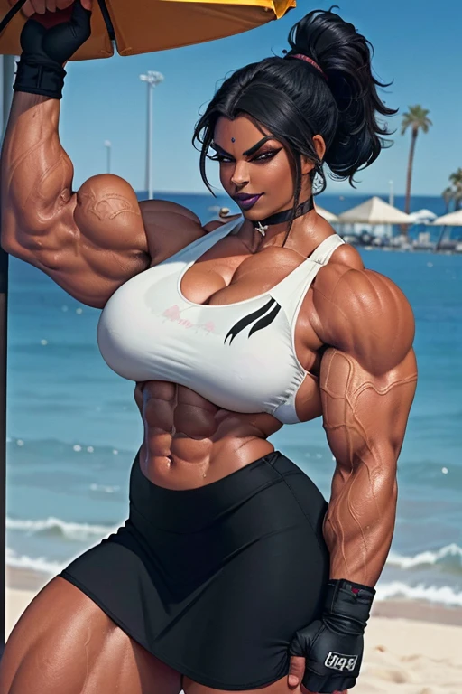 (masterpiece:1.2), (best quality:1.2), Arafed female bodybuilder in light bikini posing in a field, very beautiful , full big breasts, perfect curvy body, muscular warrior woman, ultraviolent muscular woman, muscular girl, feminine and muscular, full muscular pectorals, fully swollen breasts, full muscular and veiny tits, bigger breasts, muscular druid, sexy slight smirk, big eyes, blue eyes, big chest, very strong woman, extreme muscles, massive muscles, muscles, strong and muscular, giant muscles with veins, wide hips, perfect lighting, white skin, light-purple hair, mature woman, venous muscles, huge buttocks, 1girl,
