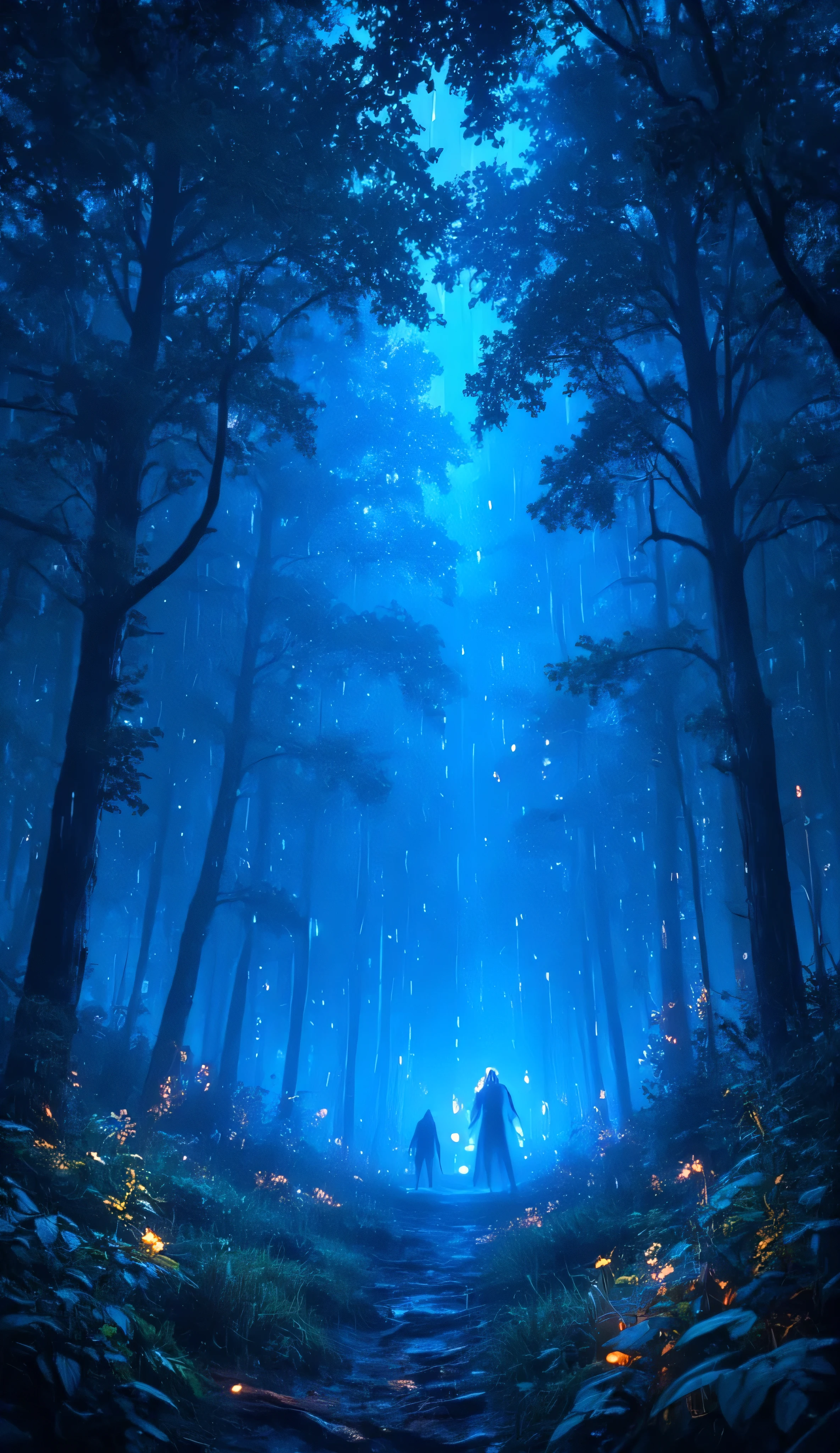 forest, night scene, Neon blue lights, high definition , Surreal, luminous colors, light rain,