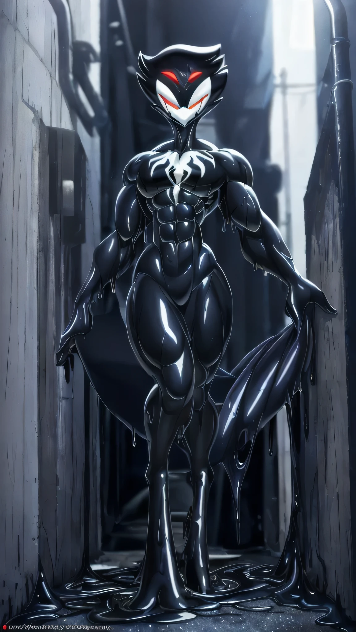 catmonkshiro (style) ((masterpiece)), ((8k quality)), (no watermark), stolas, male, black slime, body made of black goo, sleek, shiny black slime body, gooey, melting, long tail feathers, avian, avian feet, avian tail, solo, detailed alley, smirking, shiny, slimy, perfect body, inviting eyes, strong, muscular, muscular arms, muscular legs, abs, big butt, big hips, front view, tall, big, symbiote, venom, sexy pose, 