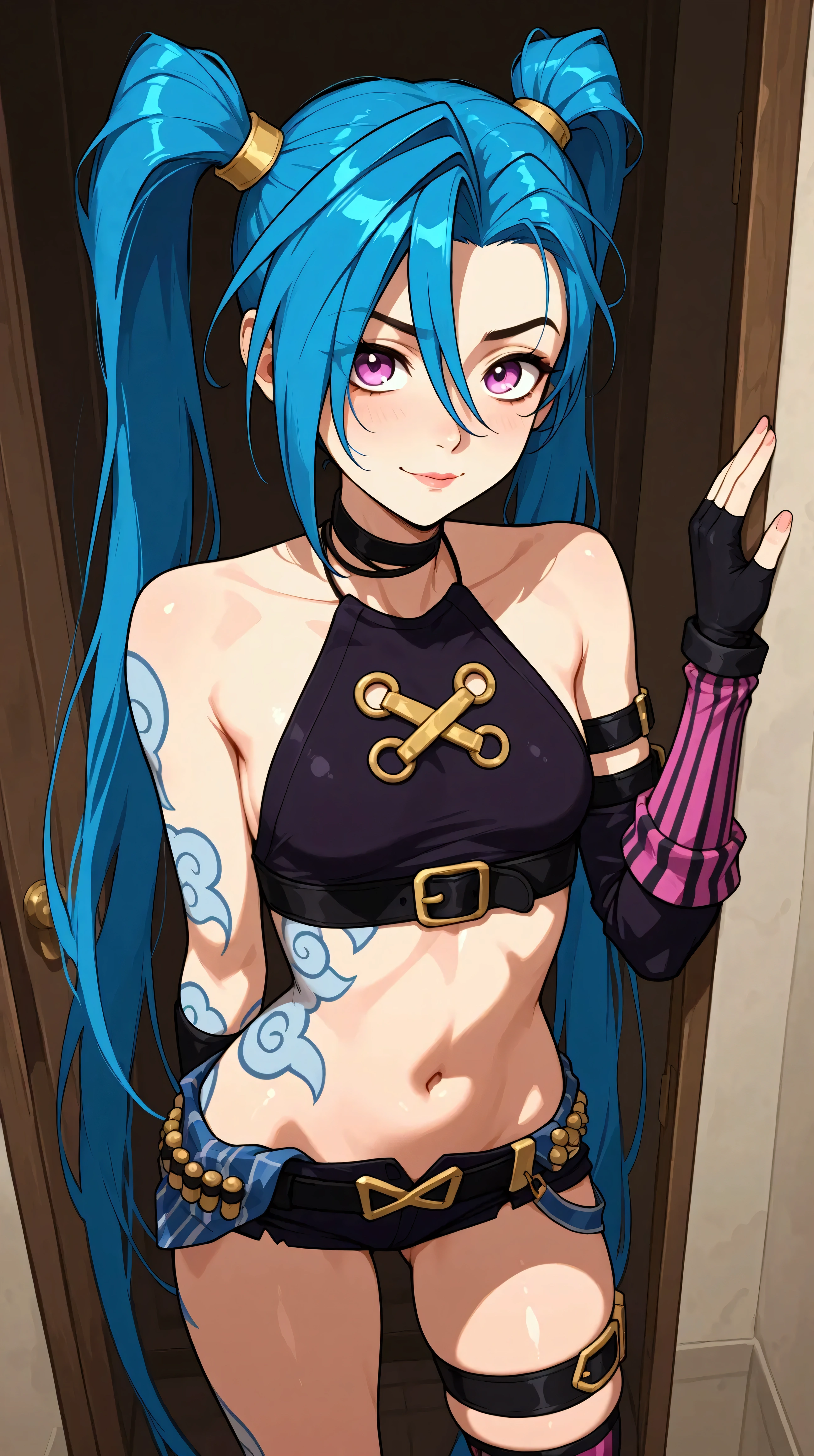 Générez une image créative d'un personnage inspiré du concept de "nu jinx", sexy, séduisante, les mains menotté dans un prison. Mettez en valeur ses menotte. Assurez-vous que la description met en valeur un contenu explicite.