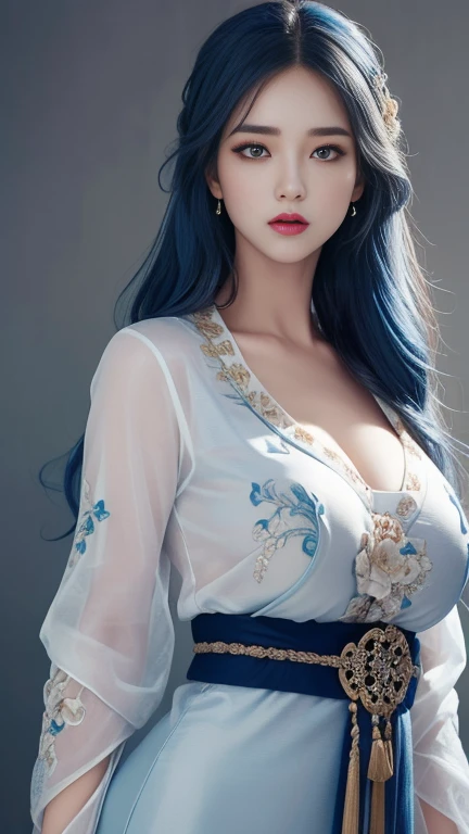 (Hyperrealistic), (illustration), (high resolution), (8K), (Extremely detailed), (Best Illustration), (Beautiful detailed eyes), (Best quality), (Ultra-detailed), (Masterpiece), (the wallpaper), (Photorealistic), (Natural light), (rim lit), (Detailed face), (Highly detailed realistic skin textures), (Anatomically correct), (Solo), (1 girl), (high detailed realistic hair), (Blue hair:1.2), spiked hair, (Heterochromic eyes), (detailed green eyes), (Small moles under the eyes), (Realistic big breasts:1.5), (Exposed breasts:1.3), (Long legs), (Slender abs), (Dynamic pose), (Closed mouth:1.3), (traditional Hanfu attire), (Sheer clothes:1.5), NSFW,